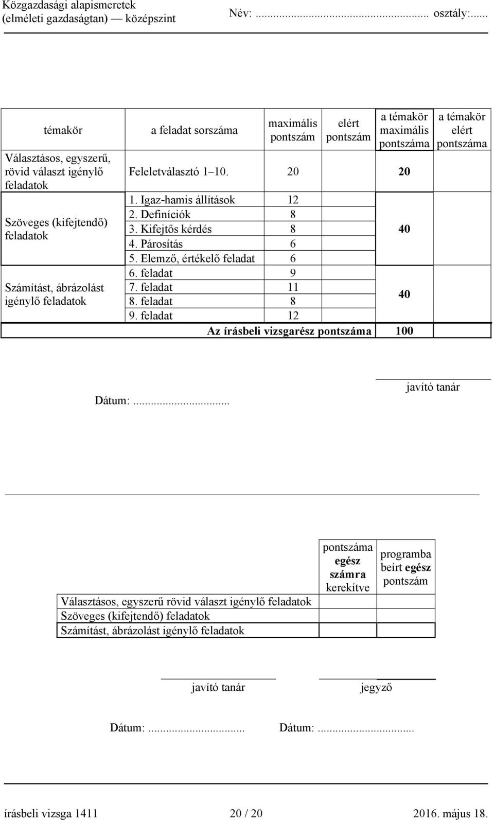 feladat 11 8. feladat 8 40 9. feladat 12 Az írásbeli vizsgarész a 100 a témakör elért a Dátum:.