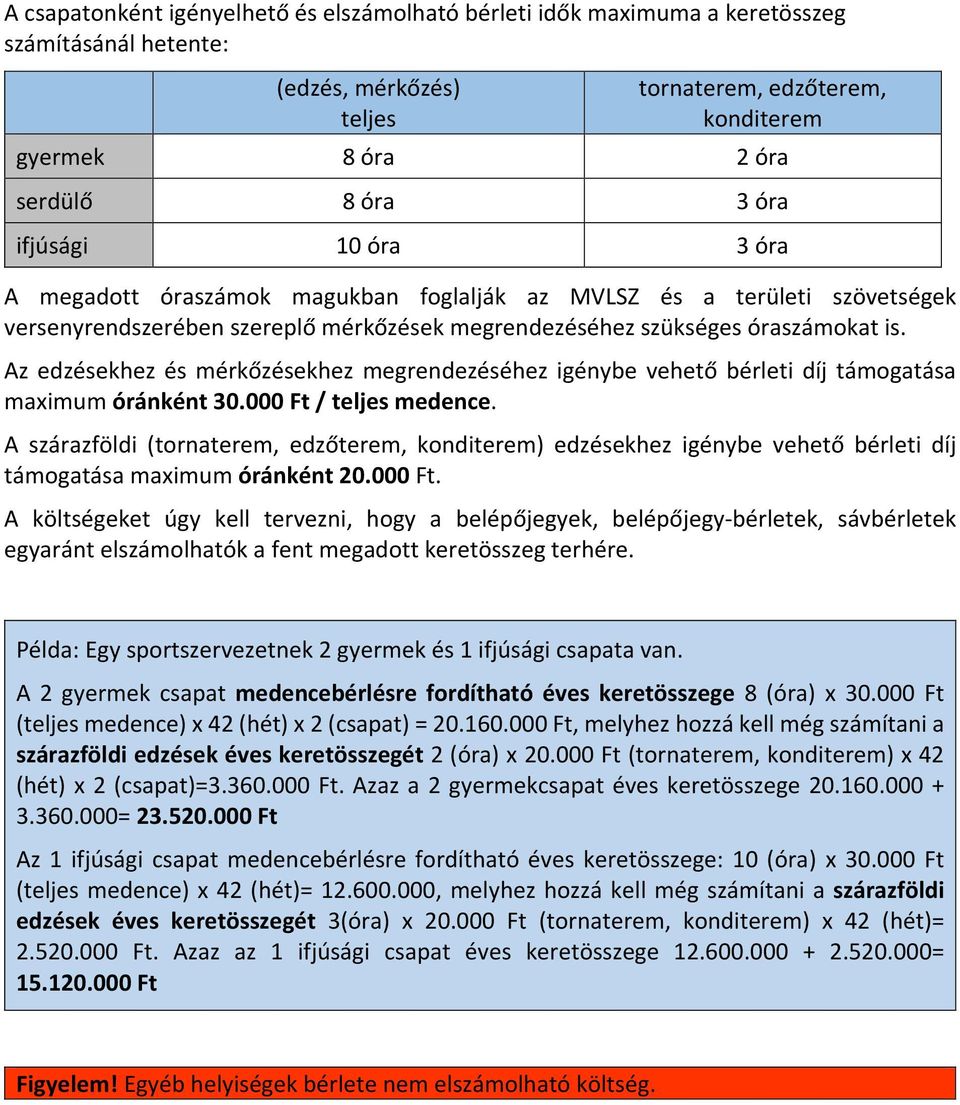 Az edzésekhez és mérkőzésekhez megrendezéséhez igénybe vehető bérleti díj támogatása maximum óránként 30.000 Ft / teljes medence.