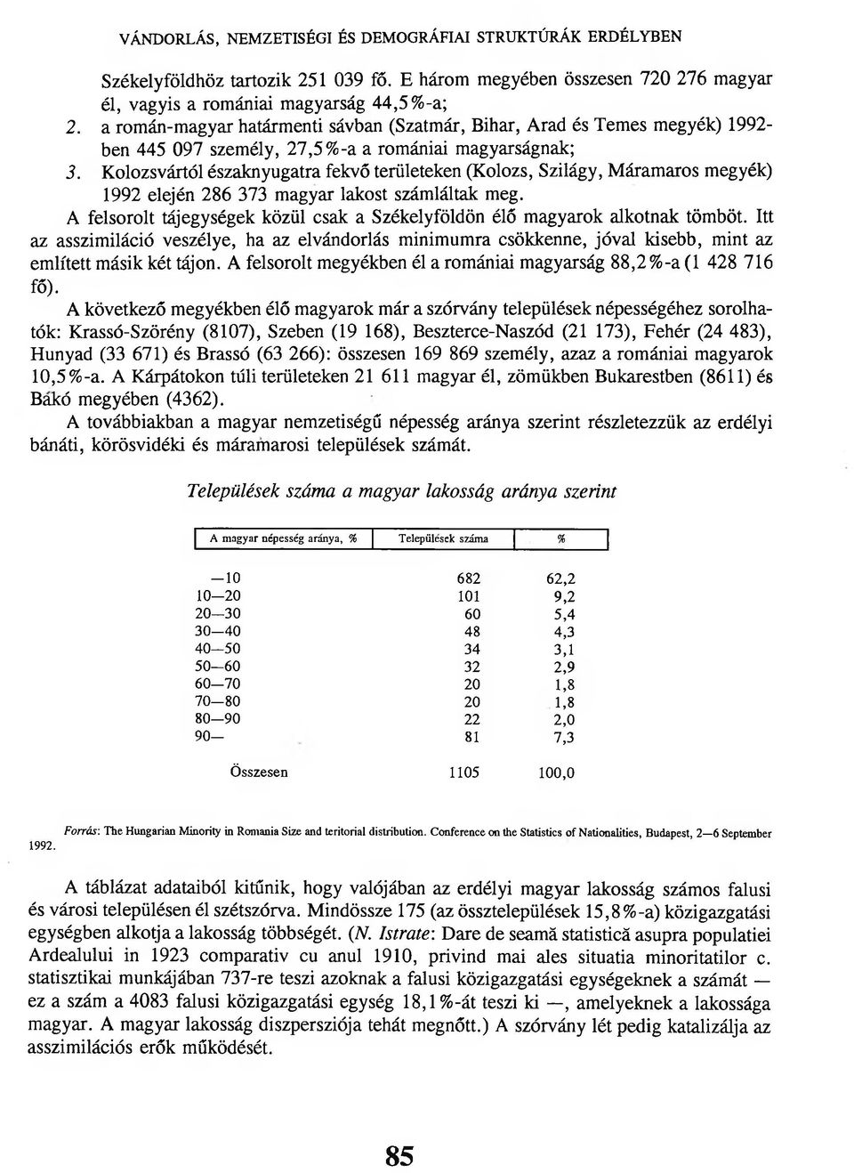 Kolozsvártól északnyugatra fekvő területeken (Kolozs, Szilágy, Máramaros megyék) 1992 elején 286 373 magyar lakost számláltak meg.