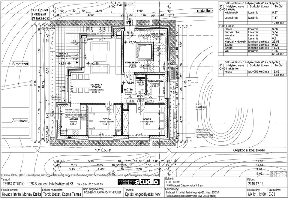 7,50 m +,58 m + + 1, m x 1, 5 x 1, ELŐTR 3,8 m KÖZL. m LPCSŐÁZ 7,37 m FÜRDŐ 1,0 E.0 C-001 lakás Fürdőszoba D ház Fsz.