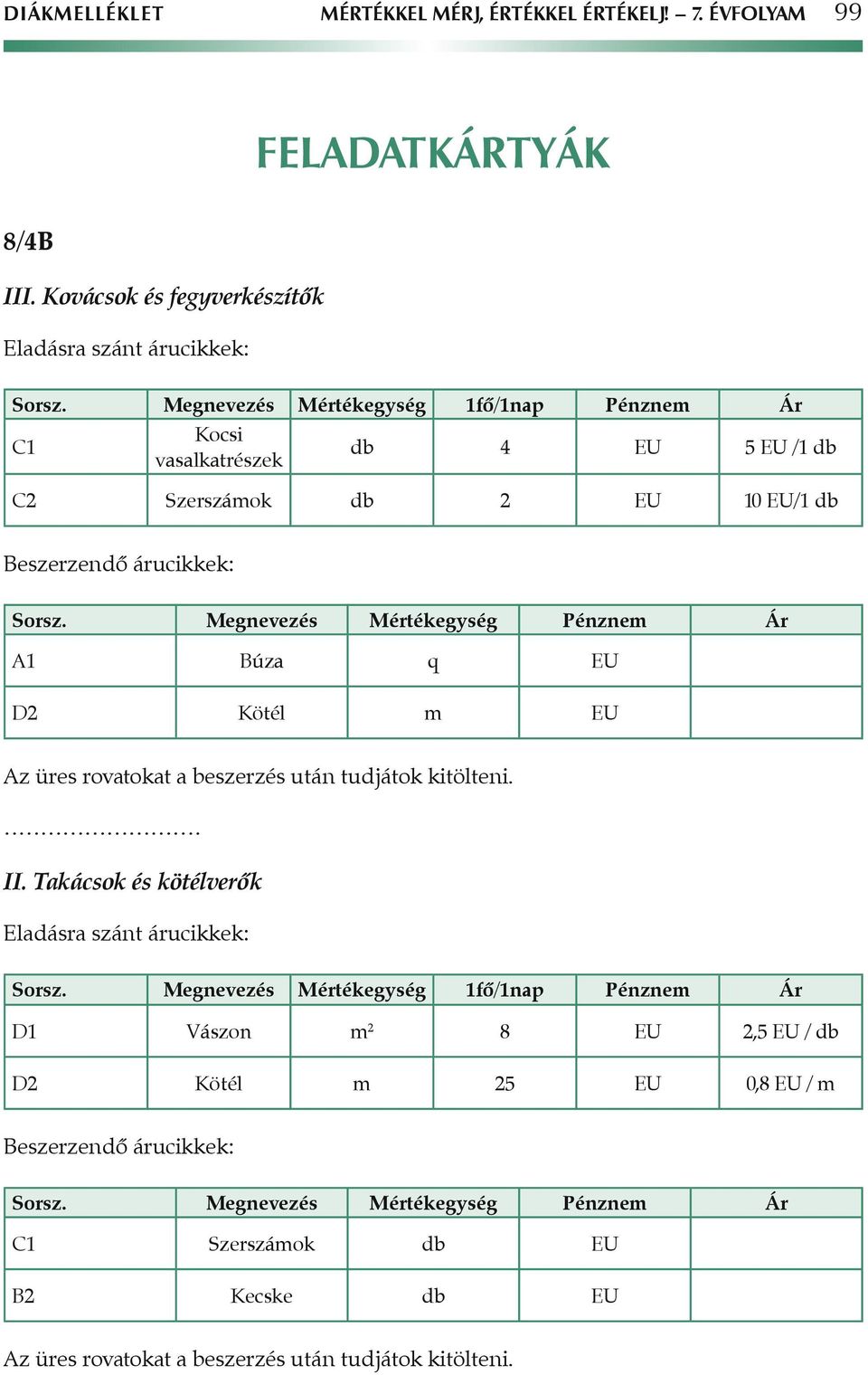 Megnevezés Mértékegység Pénznem Ár A1 Búza q EU D2 Kötél m EU II. Takácsok és kötélverôk Sorsz.