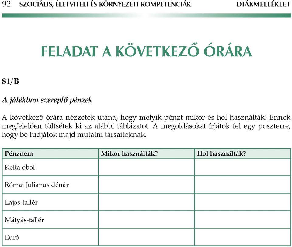 Ennek megfelelôen töltsétek ki az alábbi táblázatot.