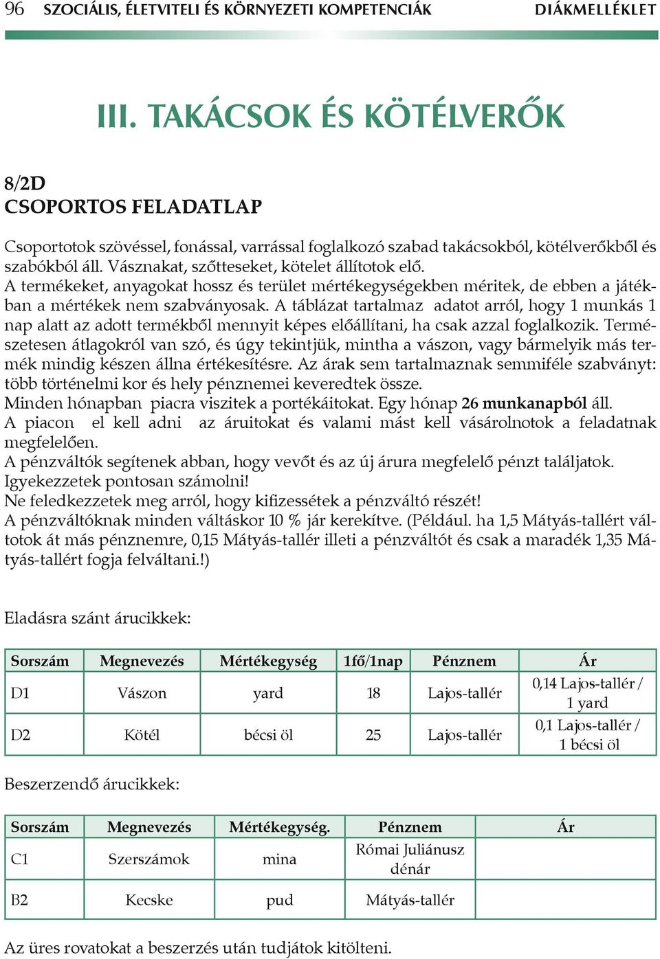 Vásznakat, szôtteseket, kötelet állítotok elô. A termékeket, anyagokat hossz és terület mértékegységekben méritek, de ebben a játékban a mértékek nem szabványosak.
