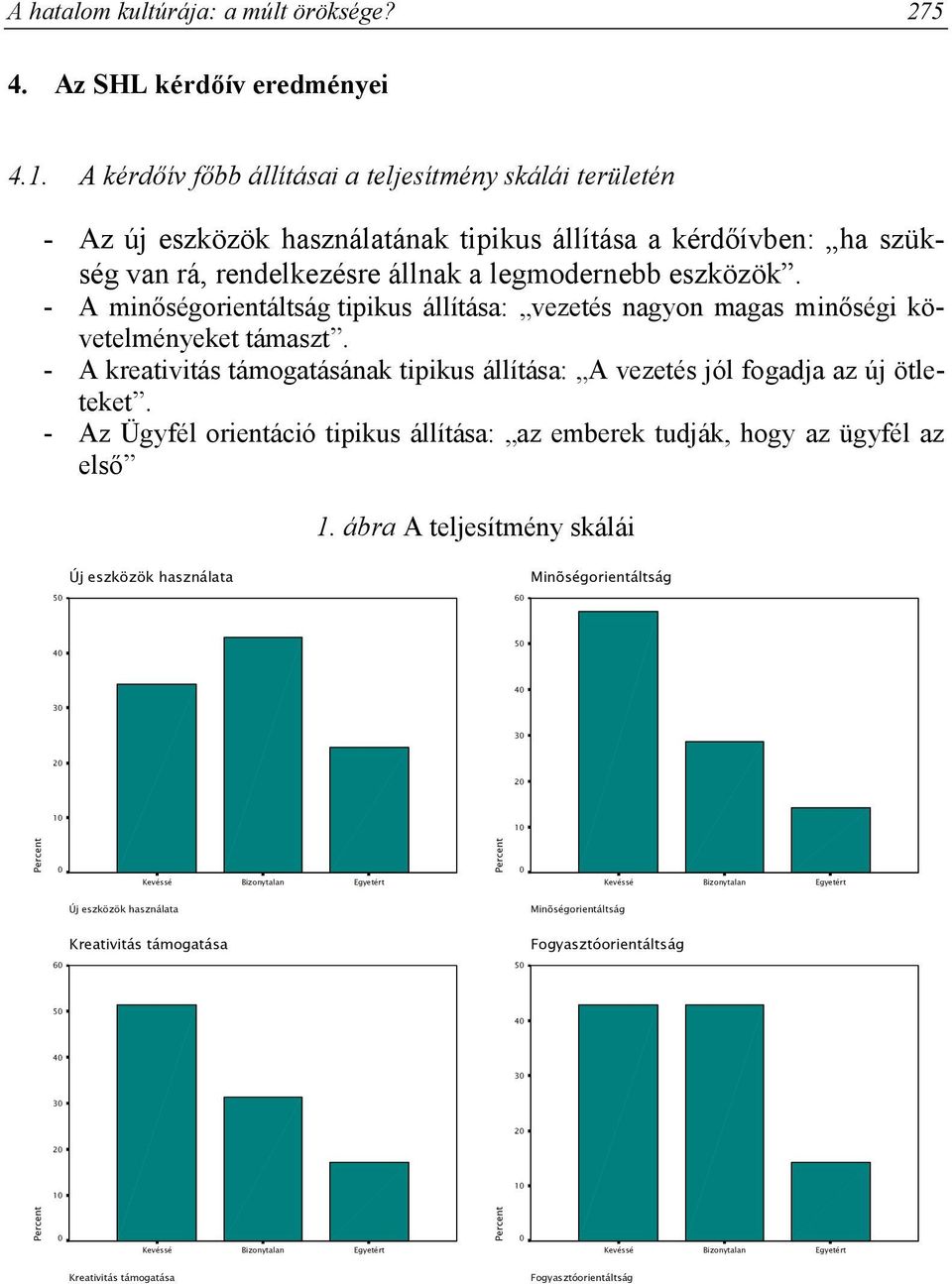 - A minőségorientáltság tipikus állítása: vezetés nagyon magas minőségi követelményeket támaszt. - A kreativitás támogatásának tipikus állítása: A vezetés jól fogadja az új ötleteket.