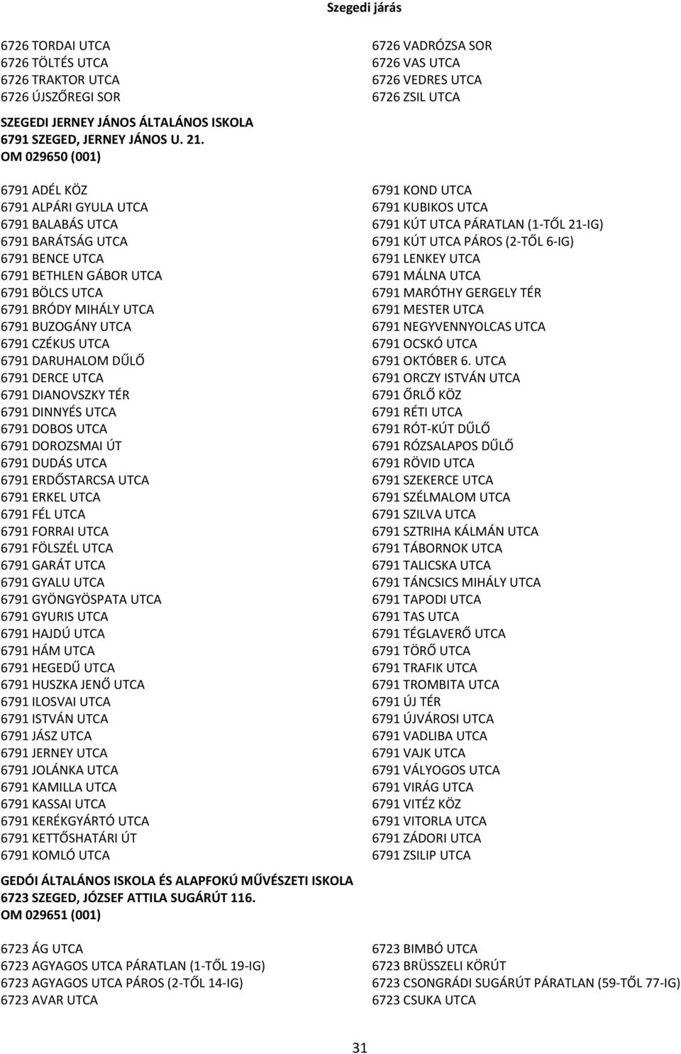 UTCA 6791 DARUHALOM DŰLŐ 6791 DERCE UTCA 6791 DIANOVSZKY TÉR 6791 DINNYÉS UTCA 6791 DOBOS UTCA 6791 DOROZSMAI ÚT 6791 DUDÁS UTCA 6791 ERDŐSTARCSA UTCA 6791 ERKEL UTCA 6791 FÉL UTCA 6791 FORRAI UTCA