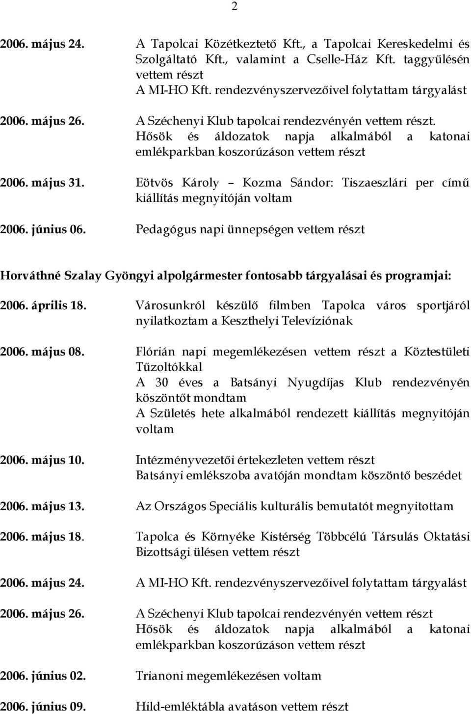 Hősök és áldozatok napja alkalmából a katonai emlékparkban koszorúzáson vettem részt 2006. május 31. Eötvös Károly Kozma Sándor: Tiszaeszlári per című kiállítás megnyitóján voltam 2006. június 06.