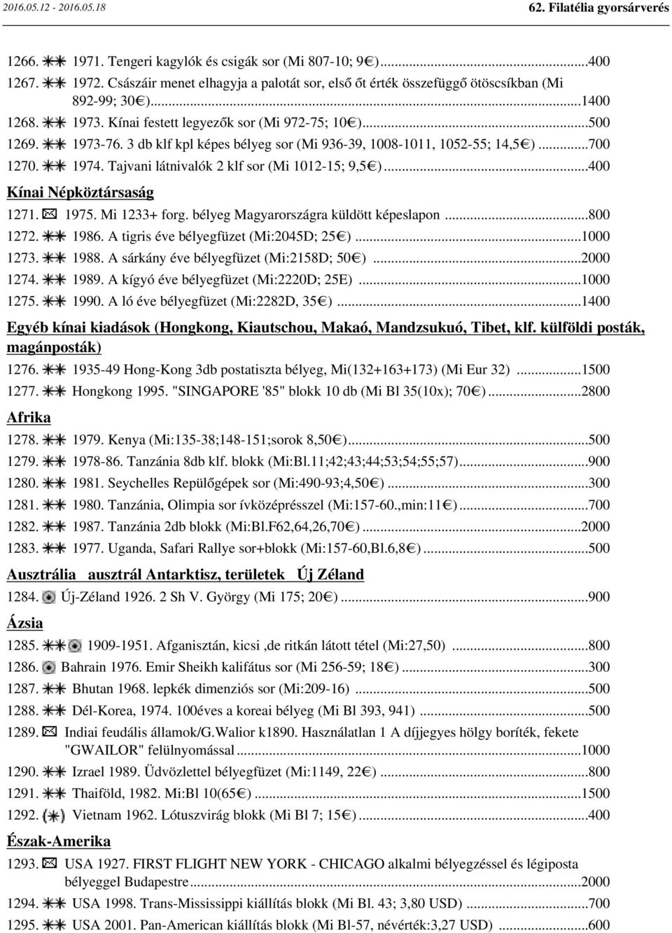 ..400 Kínai Népköztársaság 1271. 1975. Mi 1233+ forg. bélyeg Magyarországra küldött képeslapon...800 1272. 1986. A tigris éve bélyegfüzet (Mi:2045D; 25 )...1000 1273. 1988.