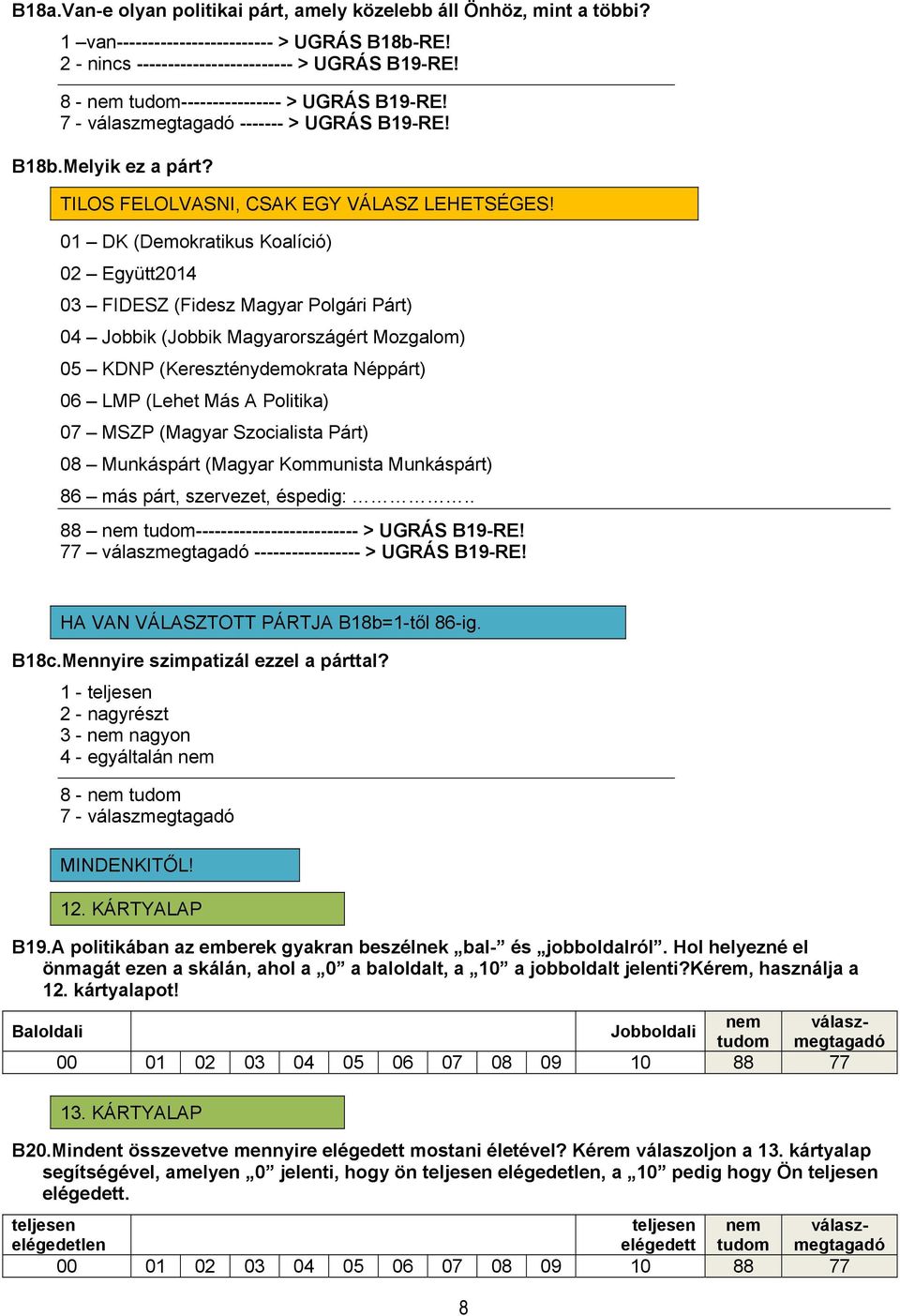 01 DK (Demokratikus Koalíció) 02 Együtt2014 03 FIDESZ (Fidesz Magyar Polgári Párt) 04 Jobbik (Jobbik Magyarországért Mozgalom) 05 KDNP (Kereszténydemokrata Néppárt) 06 LMP (Lehet Más A Politika) 07