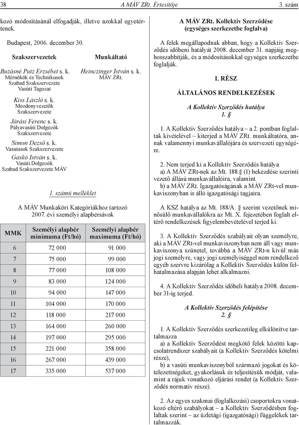 k. Vasúti Dolgozók Szabad Szakszervezete MÁV MMK 1. számú melléklet A MÁV Munkaköri Kategóriákhoz tartozó 2007.