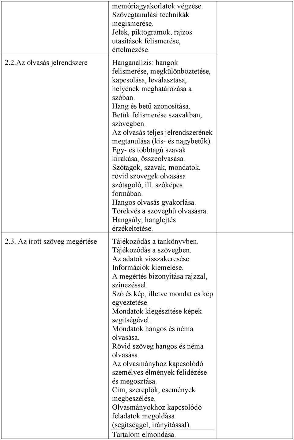 Az olvasás teljes jelrendszerének megtanulása (kis- és nagybetűk). Egy- és többtagú szavak kirakása, összeolvasása. Szótagok, szavak, mondatok, rövid szövegek olvasása szótagoló, ill.