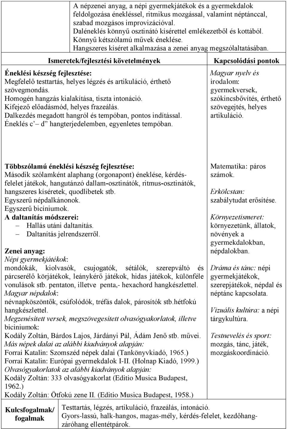 Éneklési készség fejlesztése: Megfelelő testtartás, helyes légzés és artikuláció, érthető szövegmondás. Homogén hangzás kialakítása, tiszta intonáció. Kifejező előadásmód, helyes frazeálás.