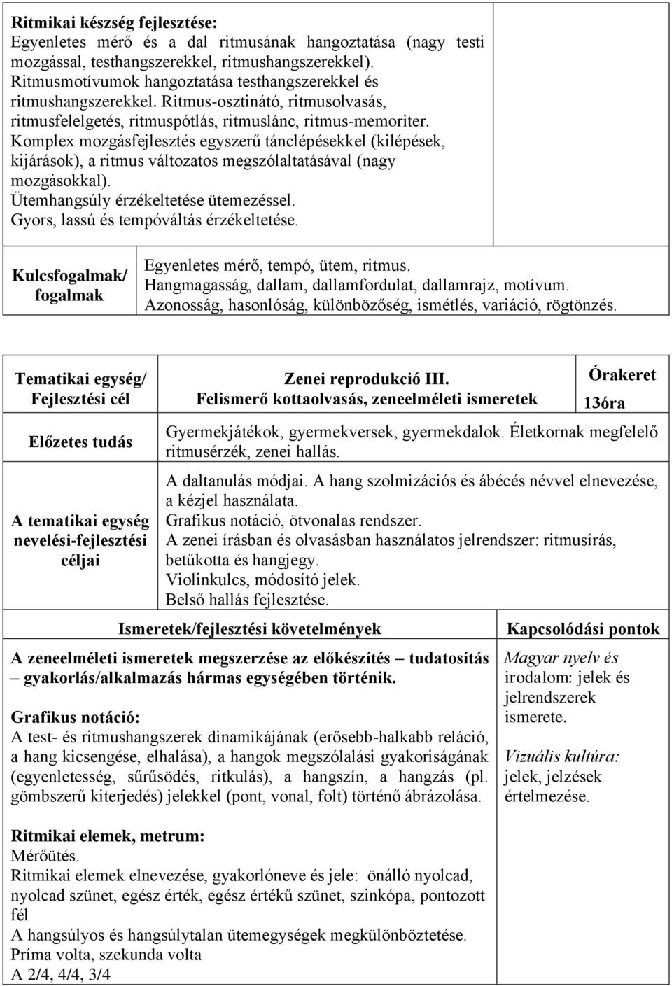 Komplex mozgásfejlesztés egyszerű tánclépésekkel (kilépések, kijárások), a ritmus változatos megszólaltatásával (nagy mozgásokkal). Ütemhangsúly érzékeltetése ütemezéssel.