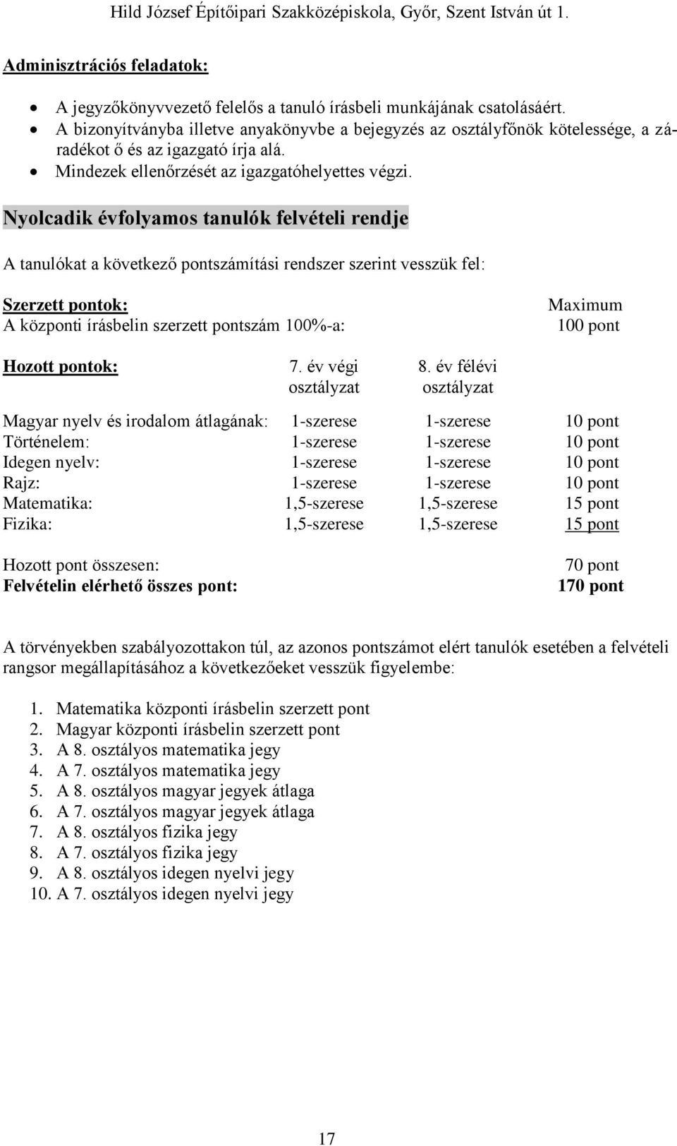 Nyolcadik évfolyamos tanulók felvételi rendje A tanulókat a következő pontszámítási rendszer szerint vesszük fel: Szerzett pontok: A központi írásbelin szerzett pontszám 100%-a: Maximum 100 pont