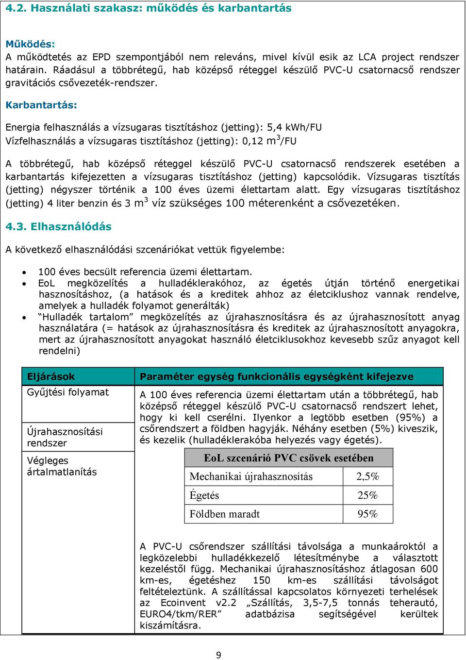 Karbantartás: Energia felhasználás a vízsugaras tisztításhoz (jetting): 5,4 kwh/fu Vízfelhasználás a vízsugaras tisztításhoz (jetting): 0,12 m 3 /FU A többrétegű, hab középső réteggel készülő PVC-U