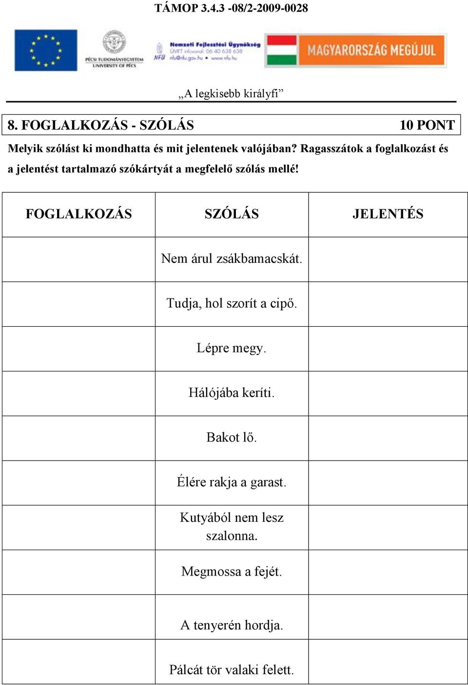 FOGLALKOZÁS SZÓLÁS JELENTÉS Nem árul zsákbamacskát. Tudja, hol szorít a cipő. Lépre megy.