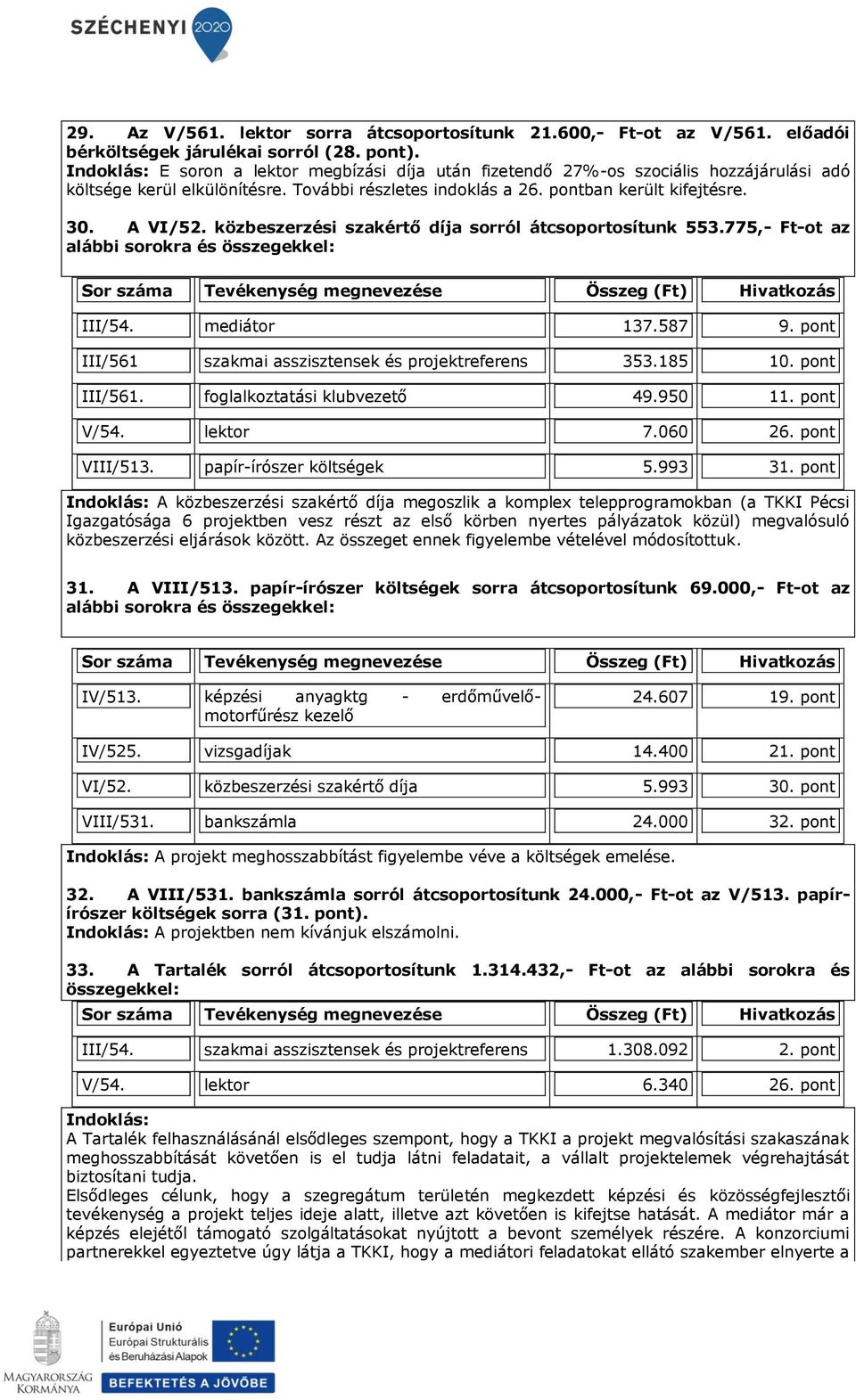 közbeszerzési szakértő díja sorról átcsoportosítunk 553.775,- Ft-ot az alábbi sorokra és összegekkel: III/54. mediátor 137.587 9. pont III/561 szakmai asszisztensek és projektreferens 353.185 10.