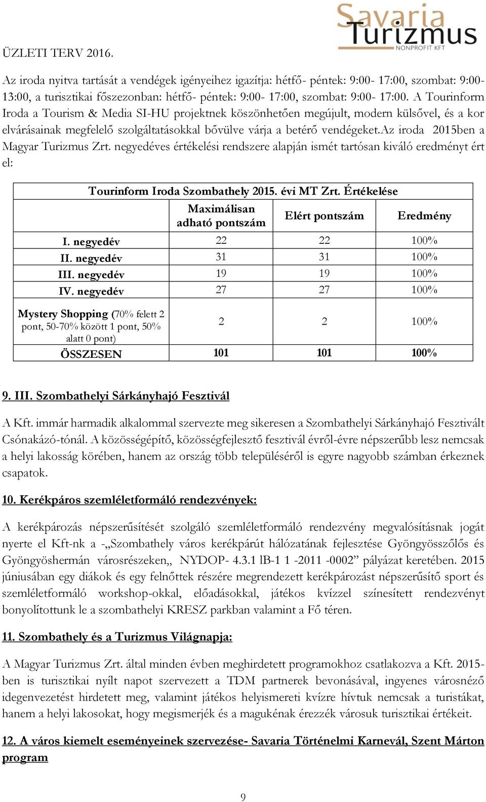 az iroda 2015ben a Magyar Turizmus Zrt. negyedéves értékelési rendszere alapján ismét tartósan kiváló eredményt ért el: Tourinform Iroda Szombathely 2015. évi MT Zrt.