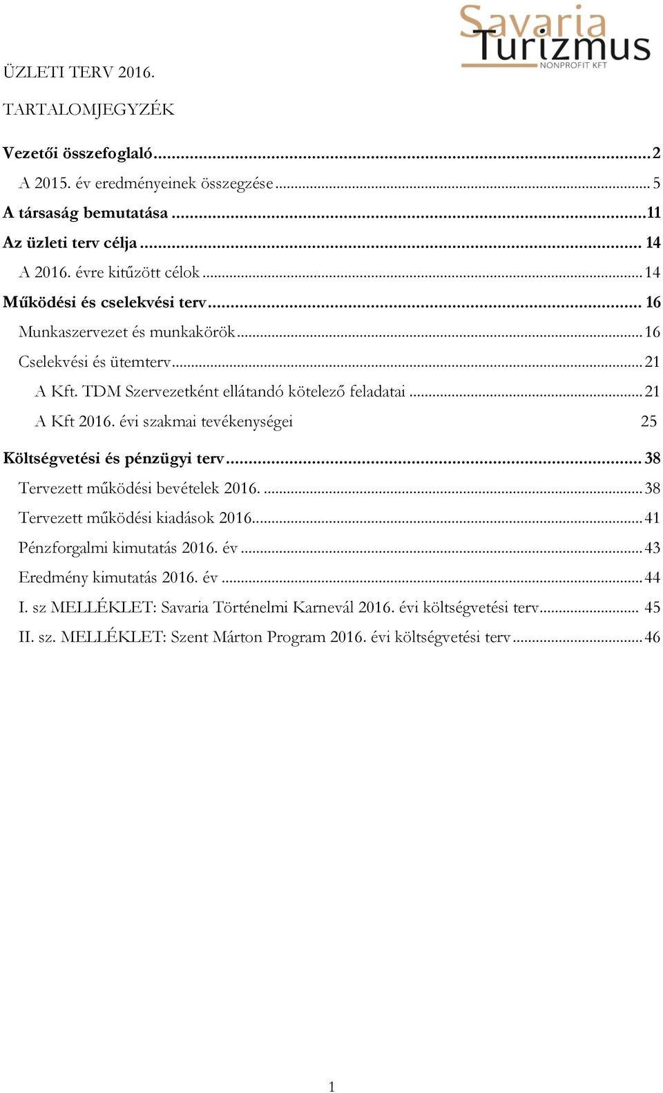 évi szakmai tevékenységei 25 Költségvetési és pénzügyi terv... 38 Tervezett működési bevételek 2016.... 38 Tervezett működési kiadások 2016..... 41 Pénzforgalmi kimutatás 2016. év.