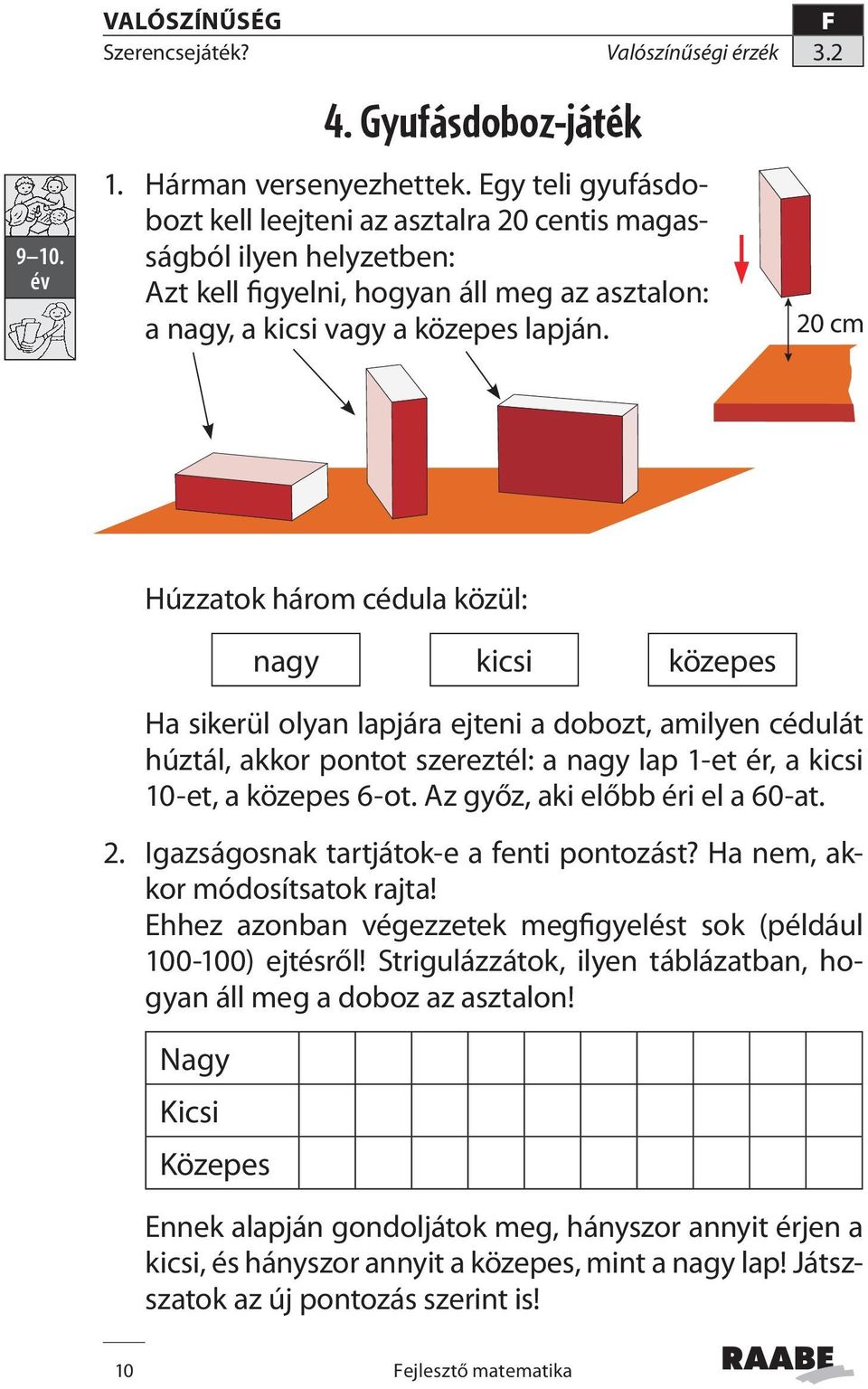 20 cm Húzzatok három cédula közül: nagy kicsi közepes Ha sikerül olyan lapjára ejteni a dobozt, amilyen cédulát húztál, akkor pontot szereztél: a nagy lap 1-et ér, a kicsi 10-et, a közepes 6-ot.