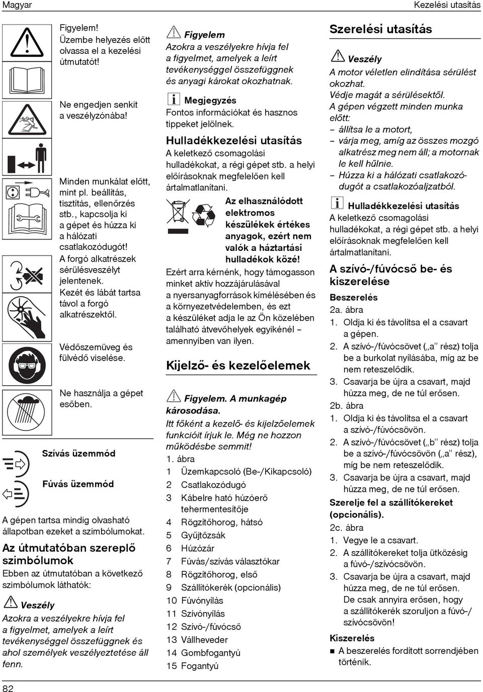 Ne használja a gépet esõben. Szívás üzemmód Fúvás üzemmód A gépen tartsa mindig olvasható állapotban ezeket a szimbólumokat.