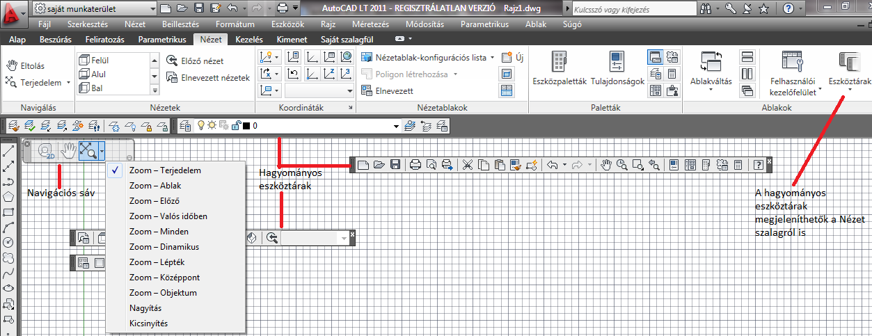 AZ AUTOCAD LT 2013 ALAPJAI 43 ÁTALAKÍTOTT FELÜLET Kissé átalakították a felhasználói felületet. A rajzpapír alapesetben feketén, rácshálóval jelenik meg a modelltérben.