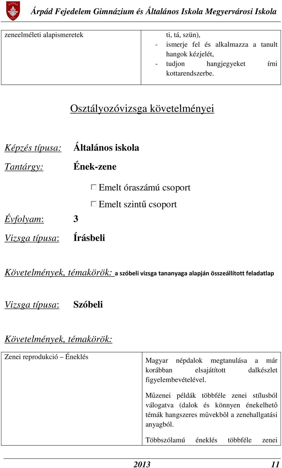 témakörök: a szóbeli vizsga tananyaga alapján összeállított feladatlap Vizsga típusa: Szóbeli Követelmények, témakörök: Zenei reprodukció Éneklés Magyar népdalok megtanulása a már