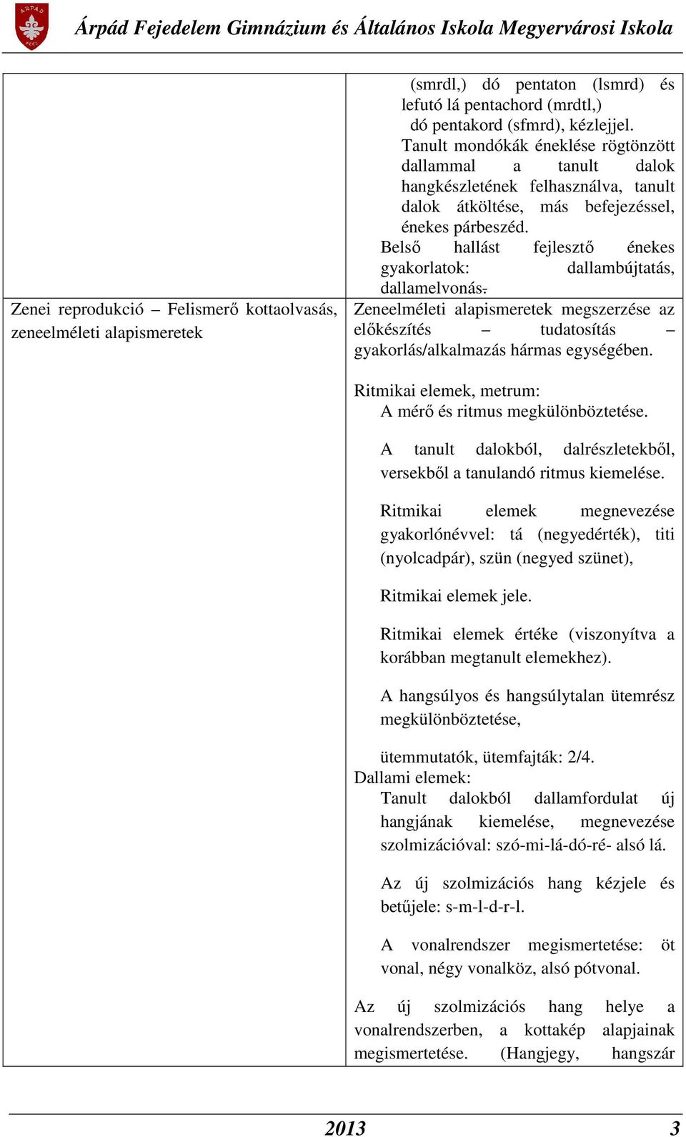 Belső hallást fejlesztő énekes gyakorlatok: dallambújtatás, dallamelvonás. Zeneelméleti alapismeretek megszerzése az előkészítés tudatosítás gyakorlás/alkalmazás hármas egységében.