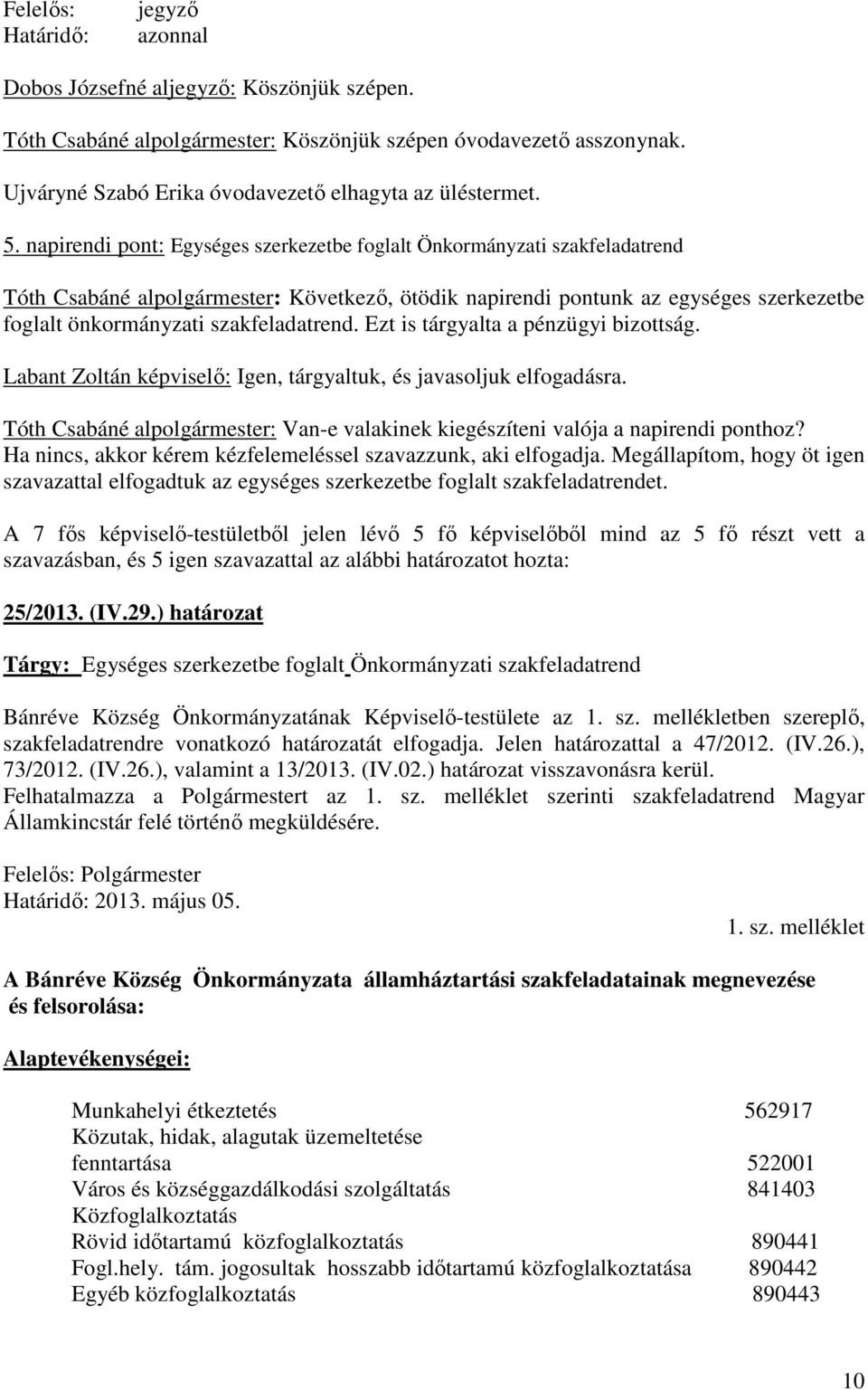 napirendi pont: Egységes szerkezetbe foglalt Önkormányzati szakfeladatrend Tóth Csabáné alpolgármester: Következő, ötödik napirendi pontunk az egységes szerkezetbe foglalt önkormányzati