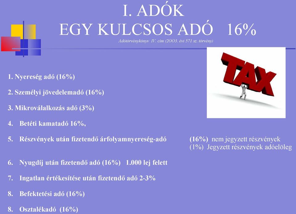 Részvények után fizetendő árfolyamnyereség-adó (16%) nem jegyzett részvények (1%) Jegyzett részvények adóelöleg