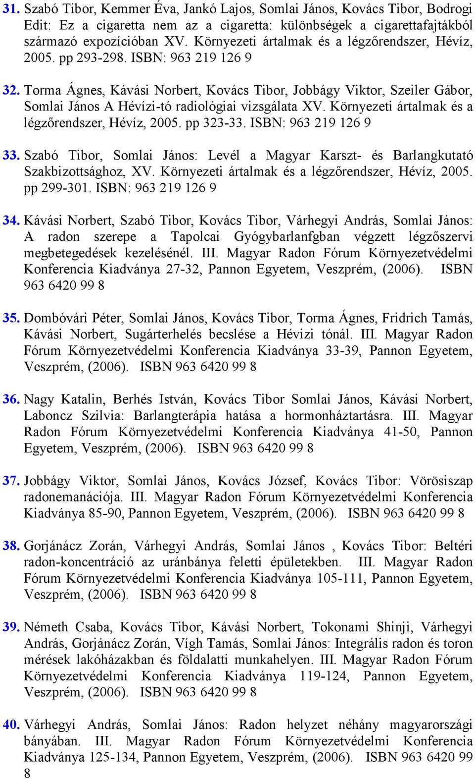 Torma Ágnes, Kávási Norbert, Kovács Tibor, Jobbágy Viktor, Szeiler Gábor, Somlai János A Hévízi-tó radiológiai vizsgálata XV. Környezeti ártalmak és a légzırendszer, Hévíz, 2005. pp 323-33.