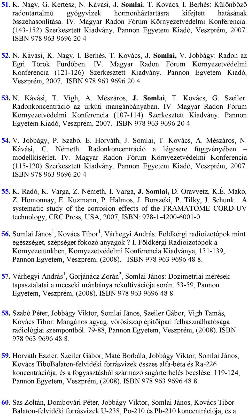 Somlai, V. Jobbágy: Radon az Egri Török Fürdıben. IV. Magyar Radon Fórum Környezetvédelmi Konferencia (121-126) Szerkesztett Kiadvány. Pannon Egyetem Kiadó, Veszprém, 2007. ISBN 978 963 9696 20 4 53.