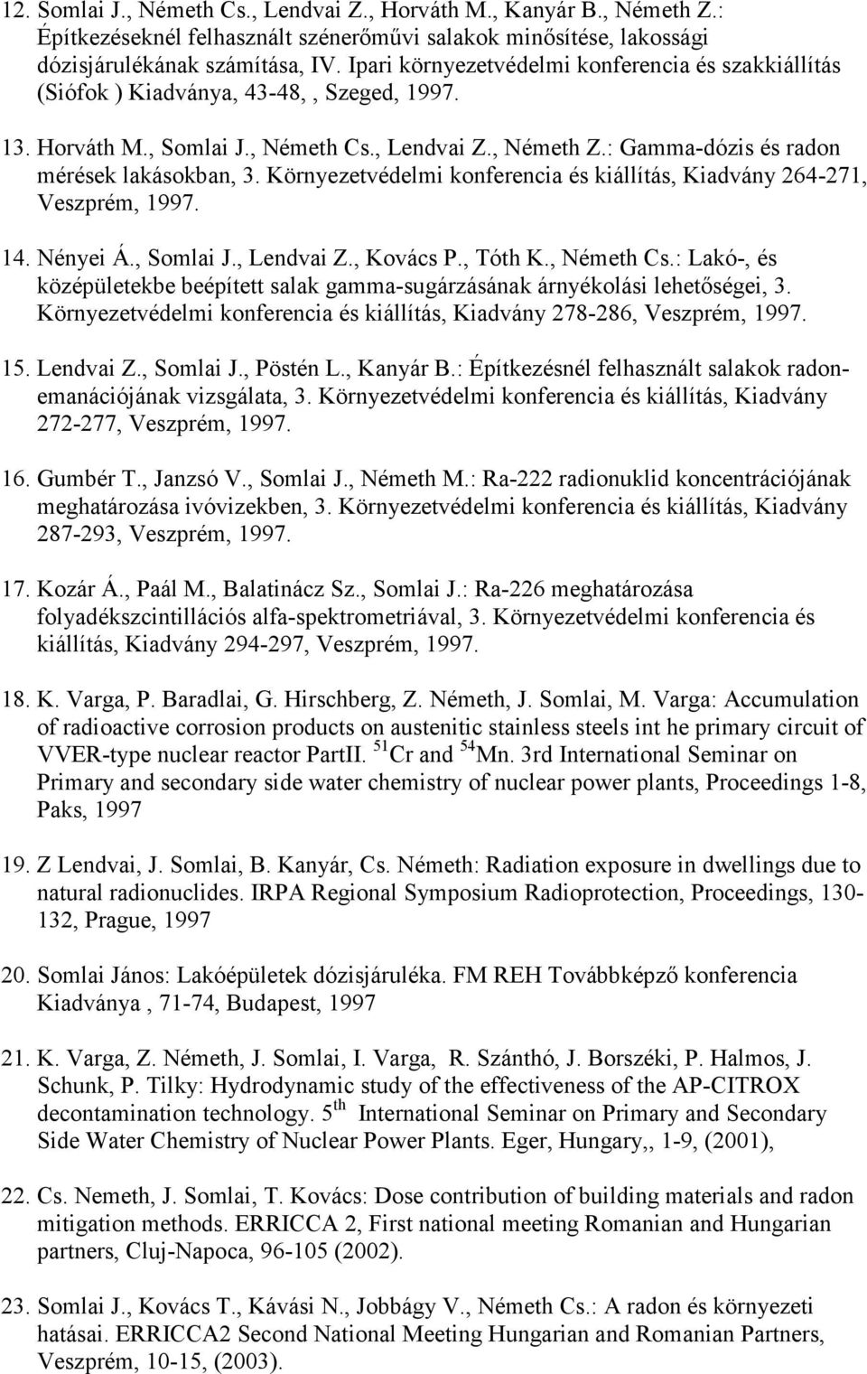 Környezetvédelmi konferencia és kiállítás, Kiadvány 264-271, Veszprém, 1997. 14. Nényei Á., Somlai J., Lendvai Z., Kovács P., Tóth K., Németh Cs.