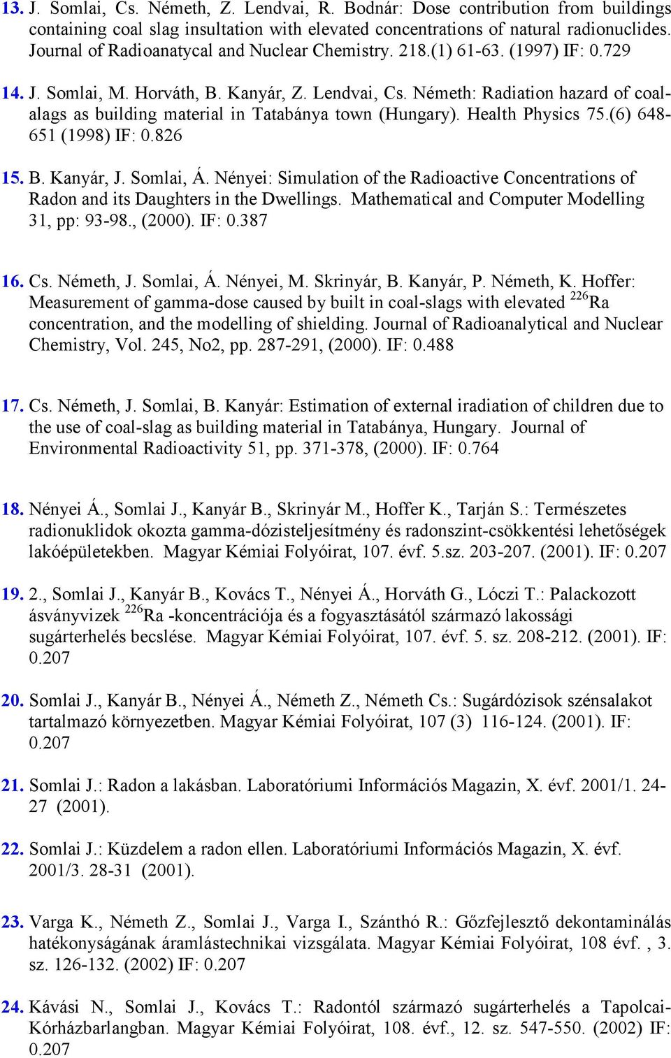 Németh: Radiation hazard of coalalags as building material in Tatabánya town (Hungary). Health Physics 75.(6) 648-651 (1998) IF: 0.826 15. B. Kanyár, J. Somlai, Á.