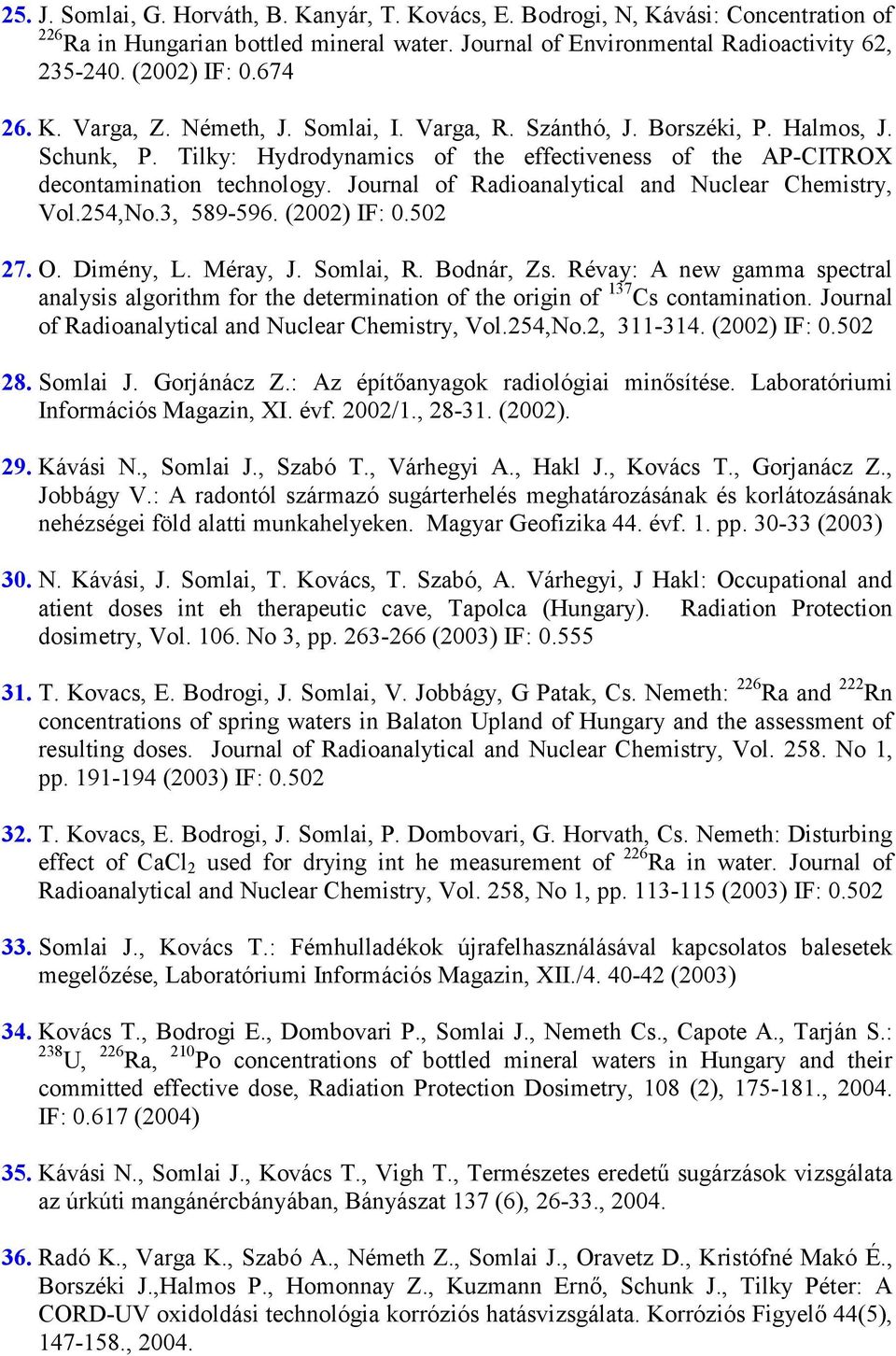 Journal of Radioanalytical and Nuclear Chemistry, Vol.254,No.3, 589-596. (2002) IF: 0.502 27. O. Dimény, L. Méray, J. Somlai, R. Bodnár, Zs.