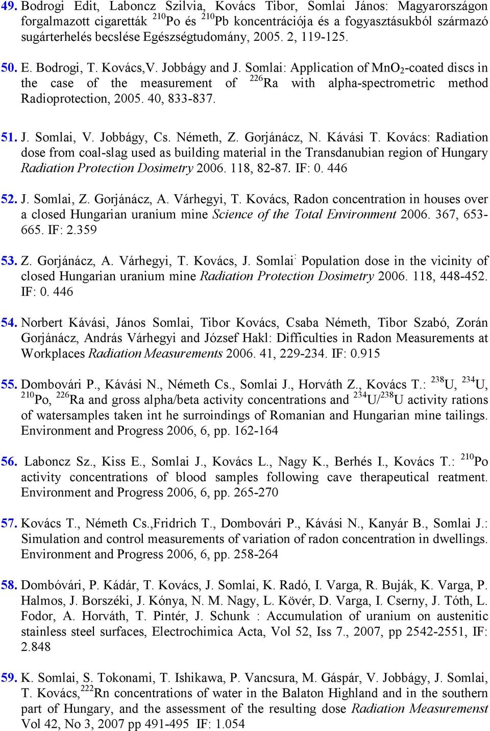 Somlai: Application of MnO 2 -coated discs in the case of the measurement of 226 Ra with alpha-spectrometric method Radioprotection, 2005. 40, 833-837. 51. J. Somlai, V. Jobbágy, Cs. Németh, Z.