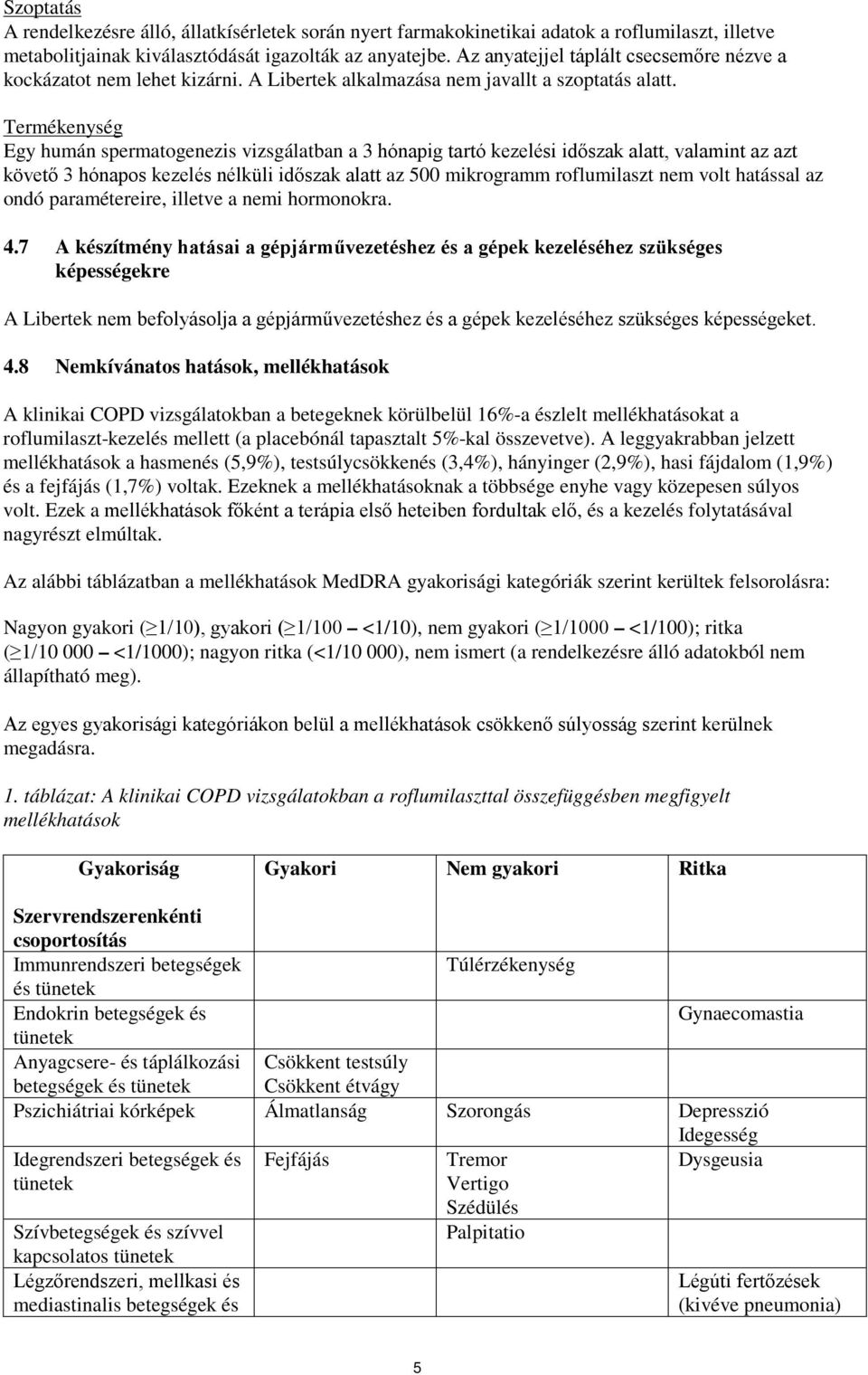 Termékenység Egy humán spermatogenezis vizsgálatban a 3 hónapig tartó kezelési időszak alatt, valamint az azt követő 3 hónapos kezelés nélküli időszak alatt az 500 mikrogramm roflumilaszt nem volt