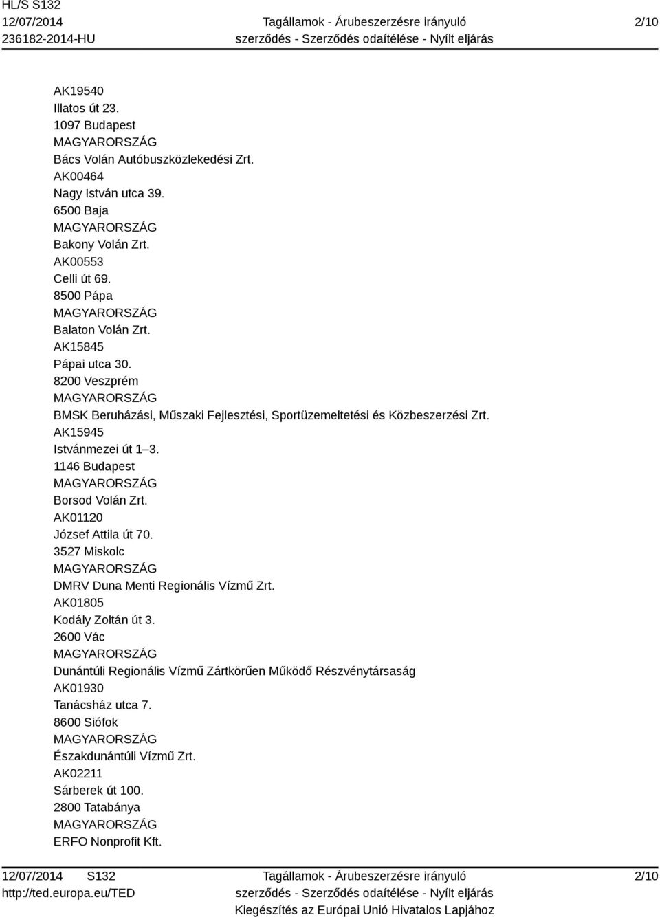 AK15945 Istvánmezei út 1 3. 1146 Budapest Borsod Volán Zrt. AK01120 József Attila út 70. 3527 Miskolc DMRV Duna Menti Regionális Vízmű Zrt. AK01805 Kodály Zoltán út 3.