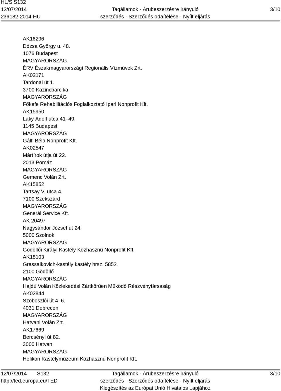 2013 Pomáz Gemenc Volán Zrt. AK15852 Tartsay V. utca 4. 7100 Szekszárd Generál Service Kft. AK 20497 Nagysándor József út 24. 5000 Szolnok Gödöllői Királyi Kastély Közhasznú Nonprofit Kft.