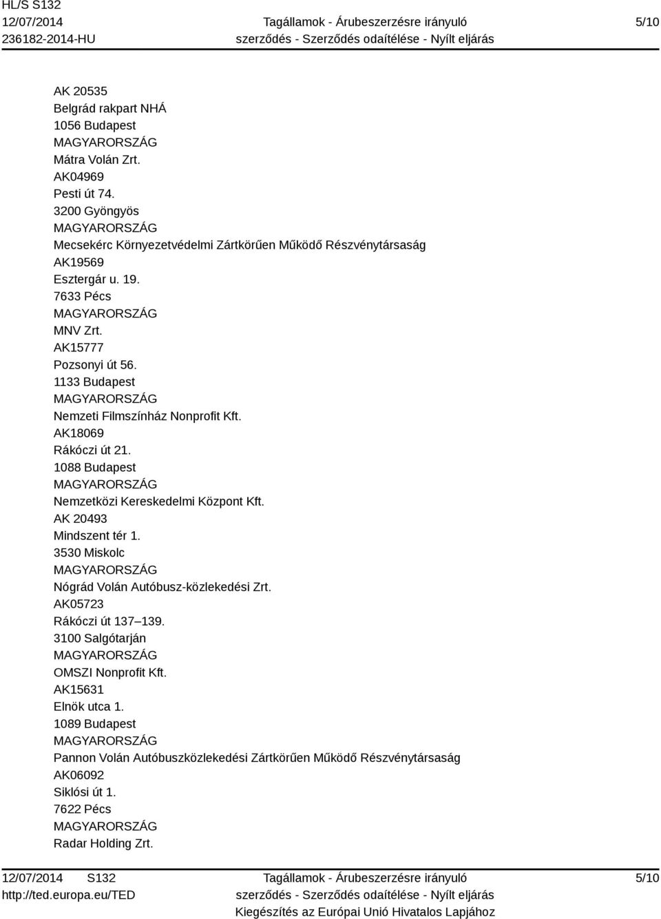 1133 Budapest Nemzeti Filmszínház Nonprofit Kft. AK18069 Rákóczi út 21. 1088 Budapest Nemzetközi Kereskedelmi Központ Kft. AK 20493 Mindszent tér 1.