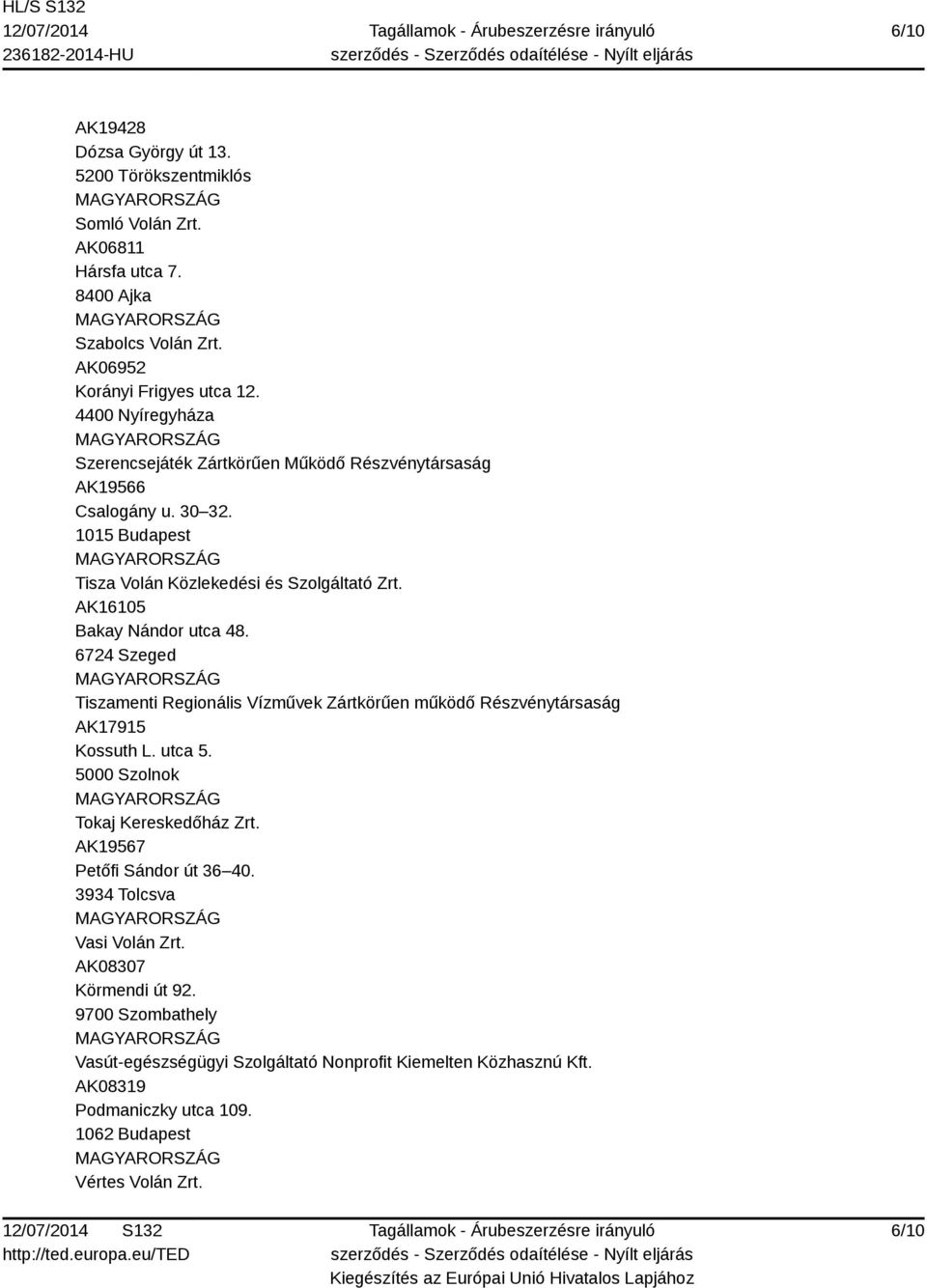 AK16105 Bakay Nándor utca 48. 6724 Szeged Tiszamenti Regionális Vízművek Zártkörűen működő Részvénytársaság AK17915 Kossuth L. utca 5. 5000 Szolnok Tokaj Kereskedőház Zrt.