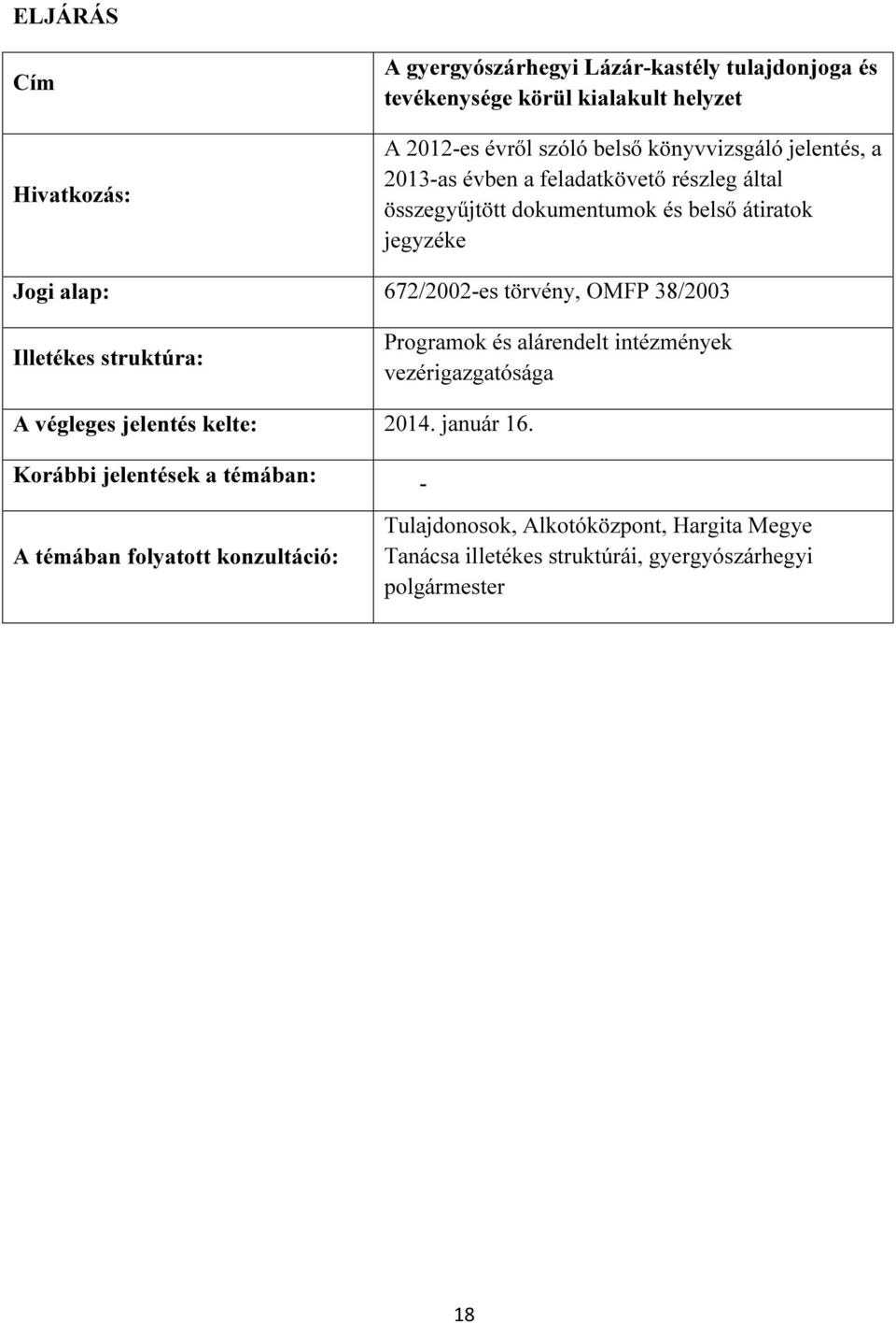 törvény, OMFP 38/2003 Illetékes struktúra: Programok és alárendelt intézmények vezérigazgatósága A végleges jelentés kelte: 2014. január 16.