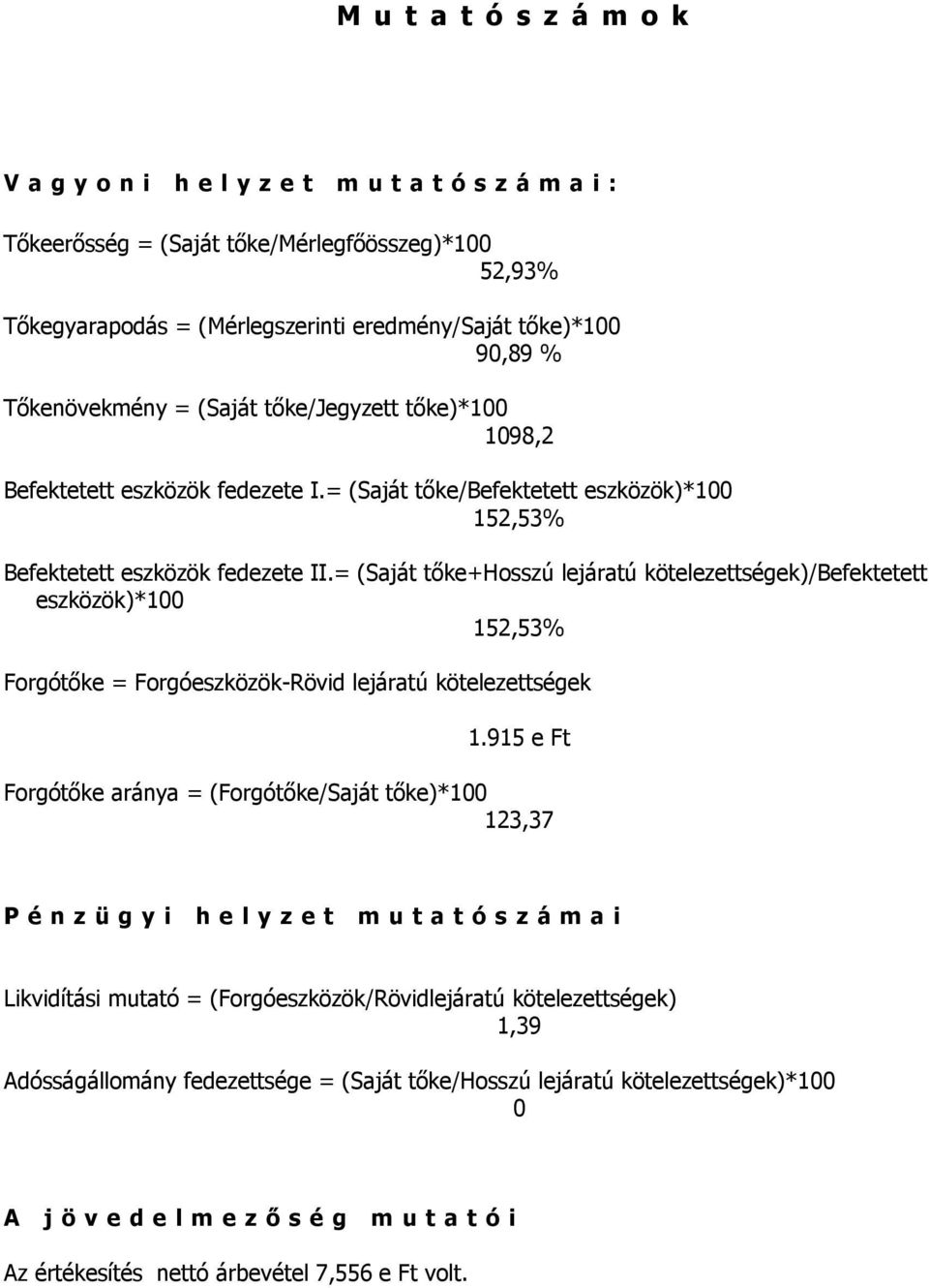 = (Saját tőke+hosszú lejáratú kötelezettségek)/befektetett eszközök)*100 152,53% Forgótőke = Forgóeszközök-Rövid lejáratú kötelezettségek 1.