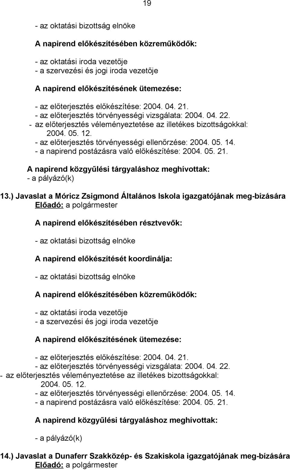 - az előterjesztés törvényességi ellenőrzése: 2004. 05. 14. - a napirend postázásra való előkészítése: 2004. 05. 21. A napirend közgyűlési tárgyaláshoz meghívottak: - a pályázó(k) 13.