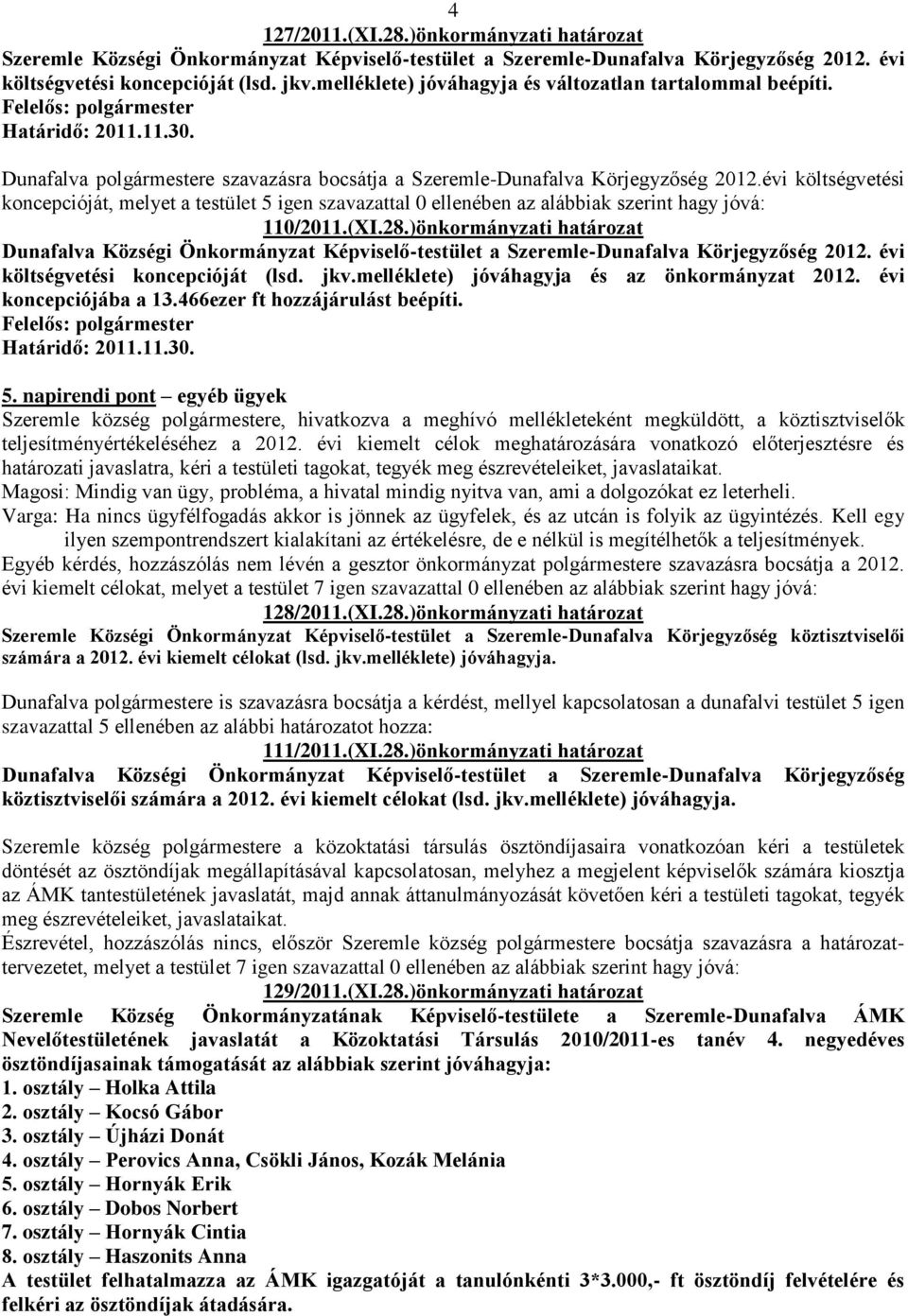 évi költségvetési koncepcióját, melyet a testület 5 igen szavazattal 0 ellenében az alábbiak szerint hagy jóvá: 110/2011.(XI.28.