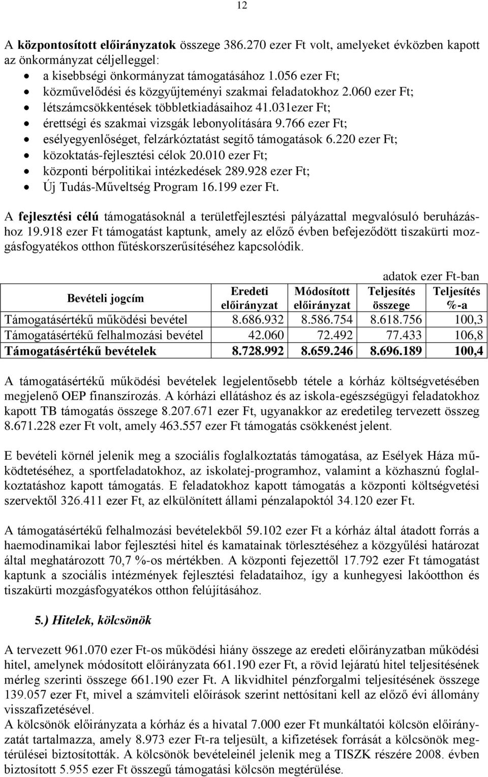 766 ezer Ft; esélyegyenlőséget, felzárkóztatást segítő támogatások 6.220 ezer Ft; közoktatás-fejlesztési célok 20.010 ezer Ft; központi bérpolitikai intézkedések 289.