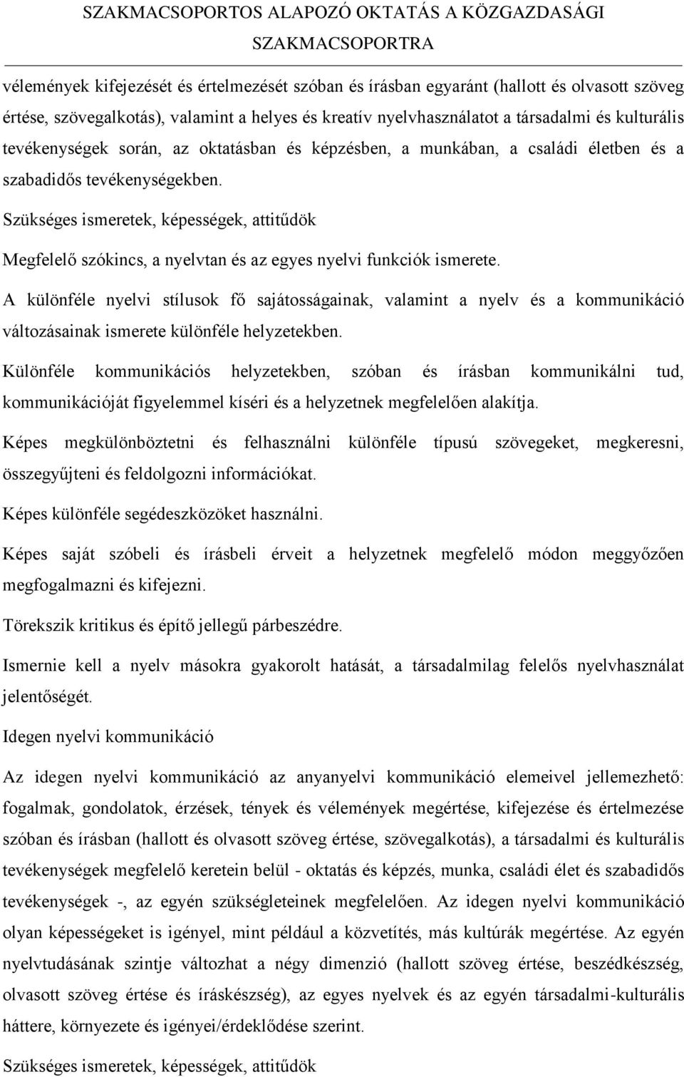 Szükséges ismeretek, képességek, attitűdök Megfelelő szókincs, a nyelvtan és az egyes nyelvi funkciók ismerete.