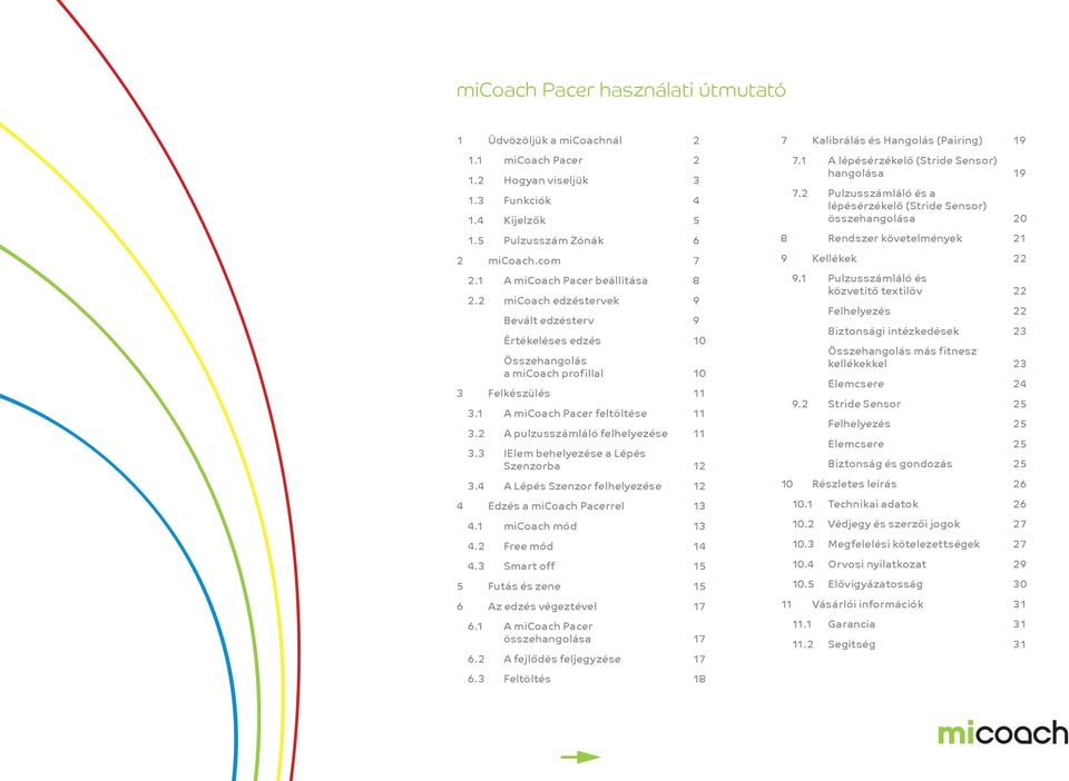 2 A pulzusszámláló felhelyezése 11 3.3 IElem behelyezése a Lépés Szenzorba 12 3.4 A Lépés Szenzor felhelyezése 12 4 Edzés a micoach Pacerrel 13 4.1 micoach mód 13 4.2 Free mód 14 4.