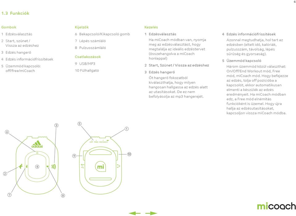 (összehangolva a micoach honlappal) 2 Start, Szünet / Vissza az edzéshez 3 Edzés hangerő Öt hangerő fokozatból kiválaszthatja, hogy milyen hangosan hallgassa az edzés alatt az utasításokat.
