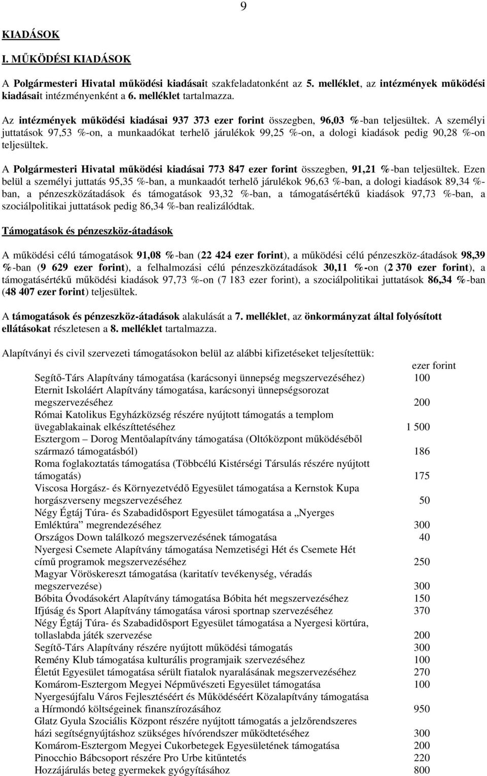 A személyi juttatások 97,53 %-on, a munkaadókat terhelő járulékok 99,25 %-on, a dologi kiadások pedig 90,28 %-on teljesültek.