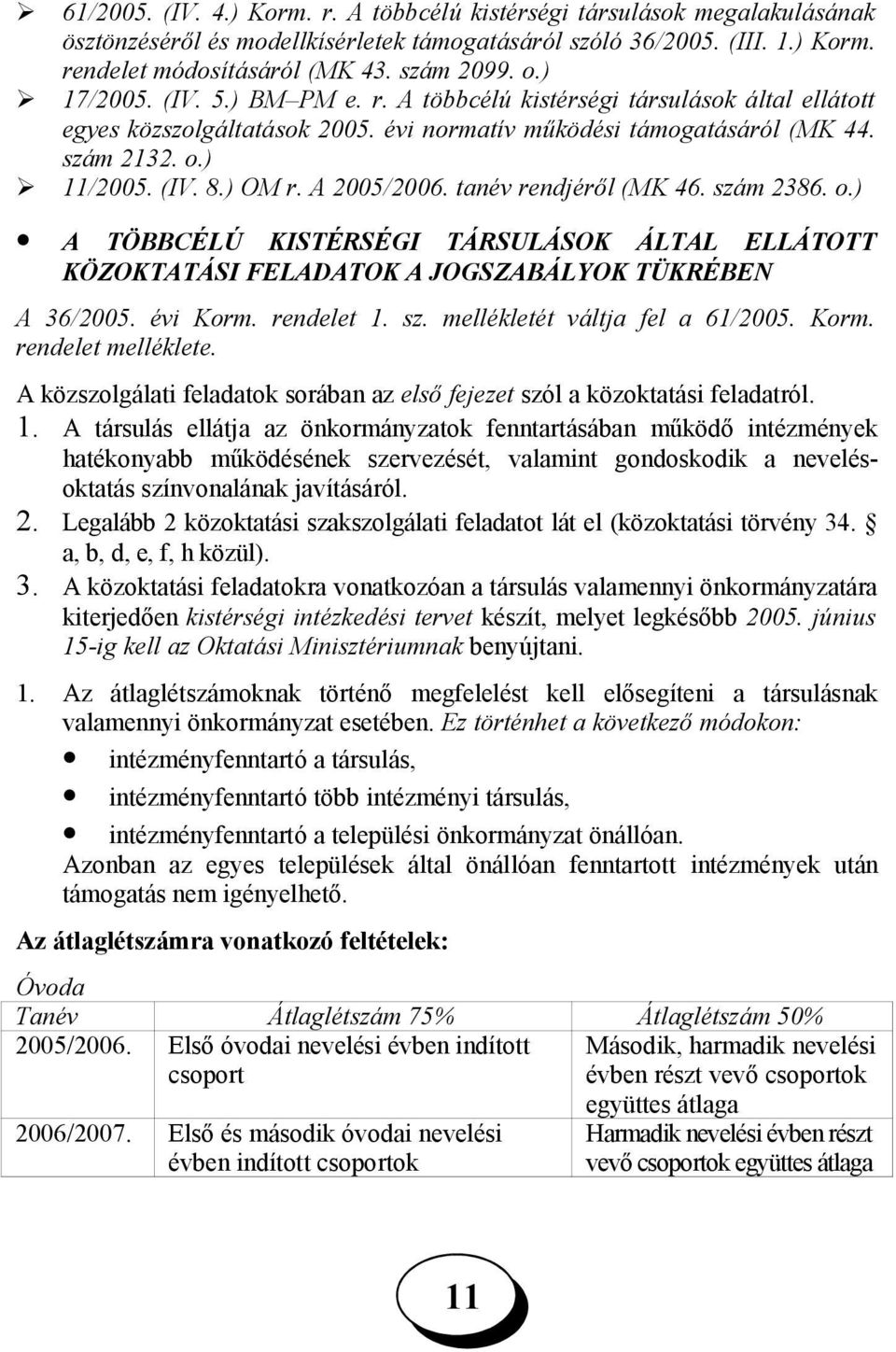 A 2005/2006. tanév rendjéről (MK 46. szám 2386. o.) A TÖBBCÉLÚ KISTÉRSÉGI TÁRSULÁSOK ÁLTAL ELLÁTOTT KÖZOKTATÁSI FELADATOK A JOGSZABÁLYOK TÜKRÉBEN A 36/2005. évi Korm. rendelet 1. sz. mellékletét váltja fel a 61/2005.